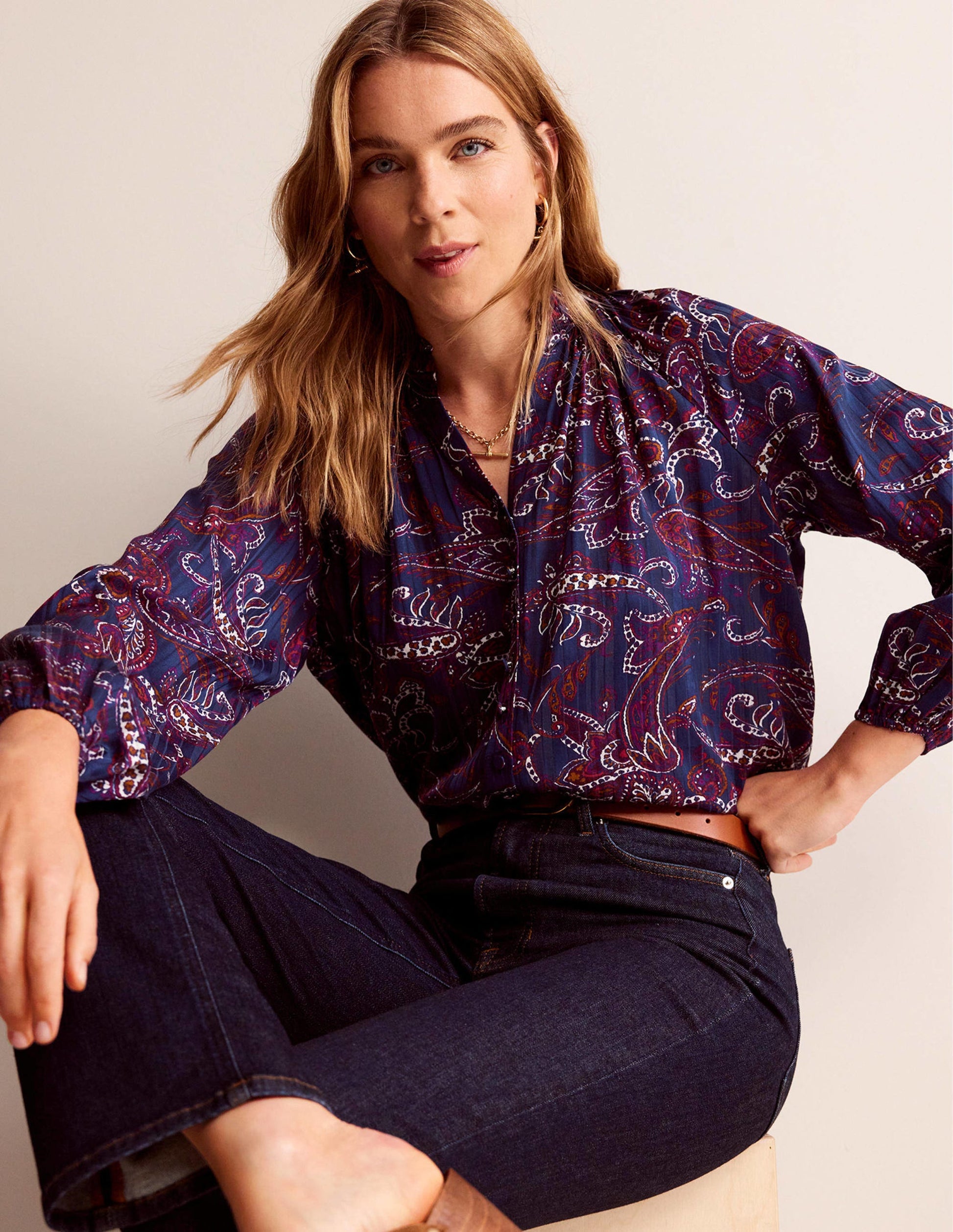 High-Neck Printed Top-Purple Pansy, Paisley Lawn-1
