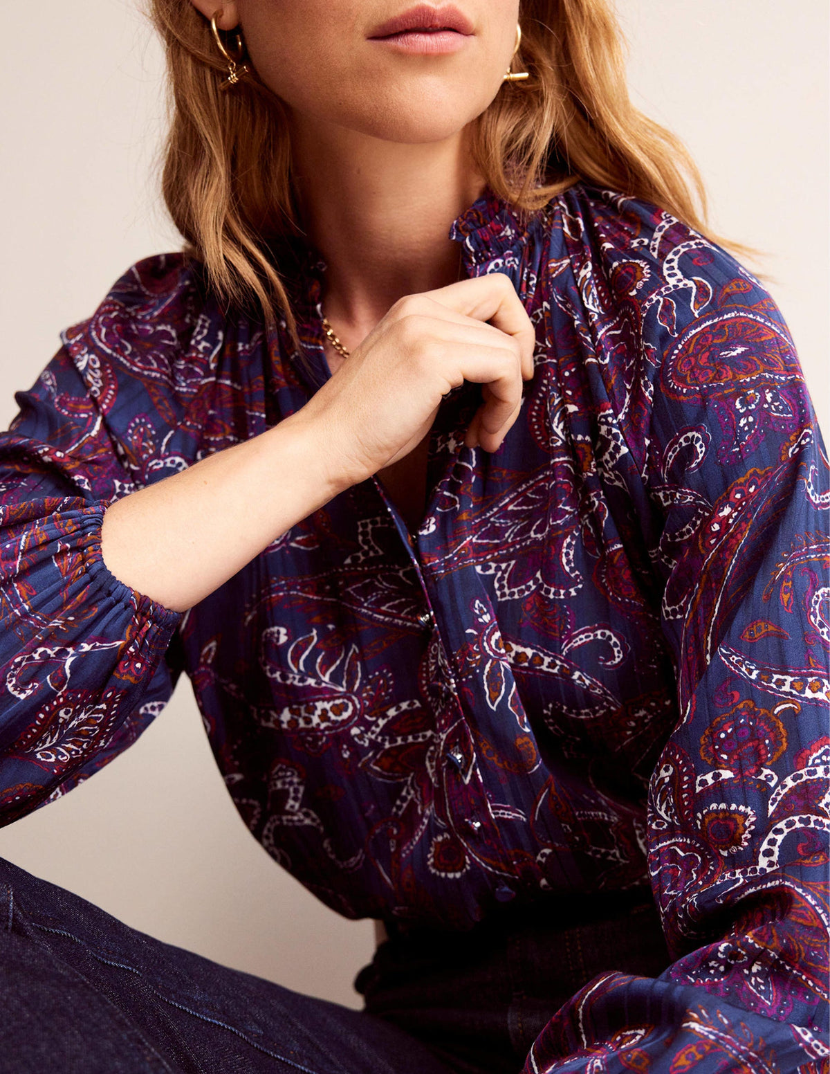 High-Neck Printed Top-Purple Pansy, Paisley Lawn - Image 2