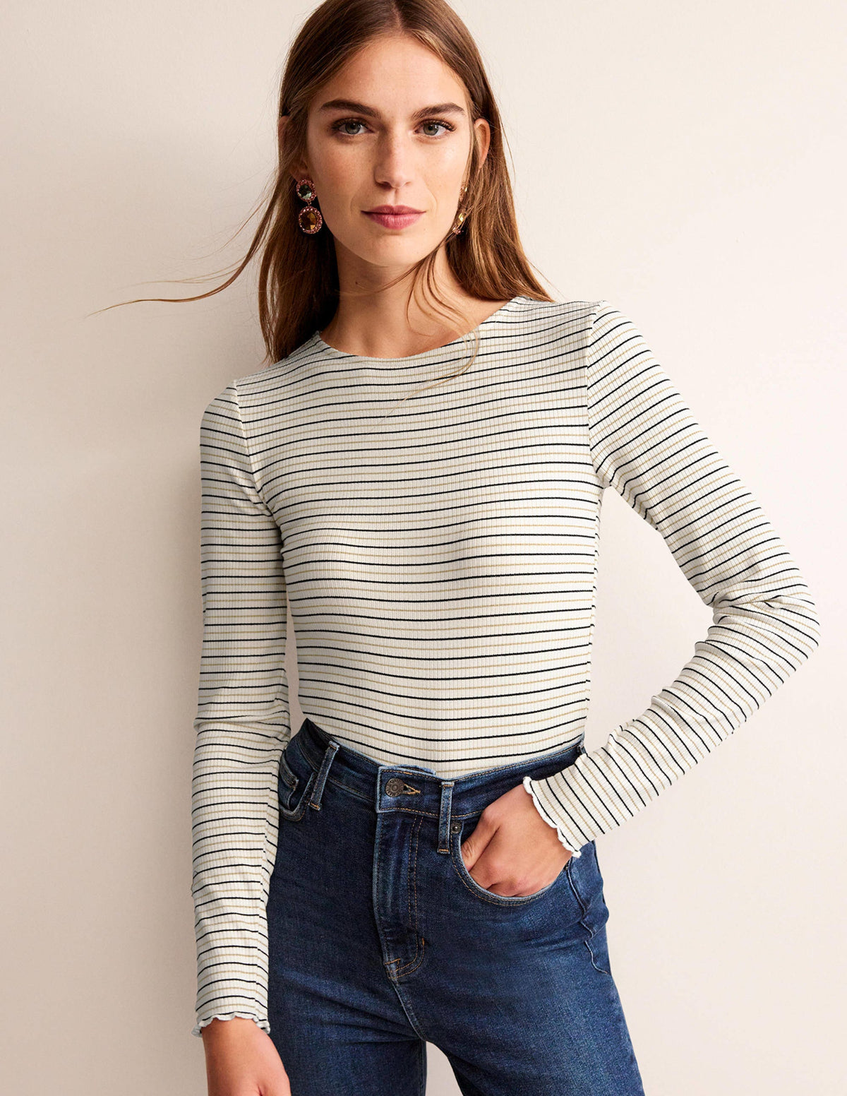 Long Sleeve Metallic Top-Ivory Stripe-4