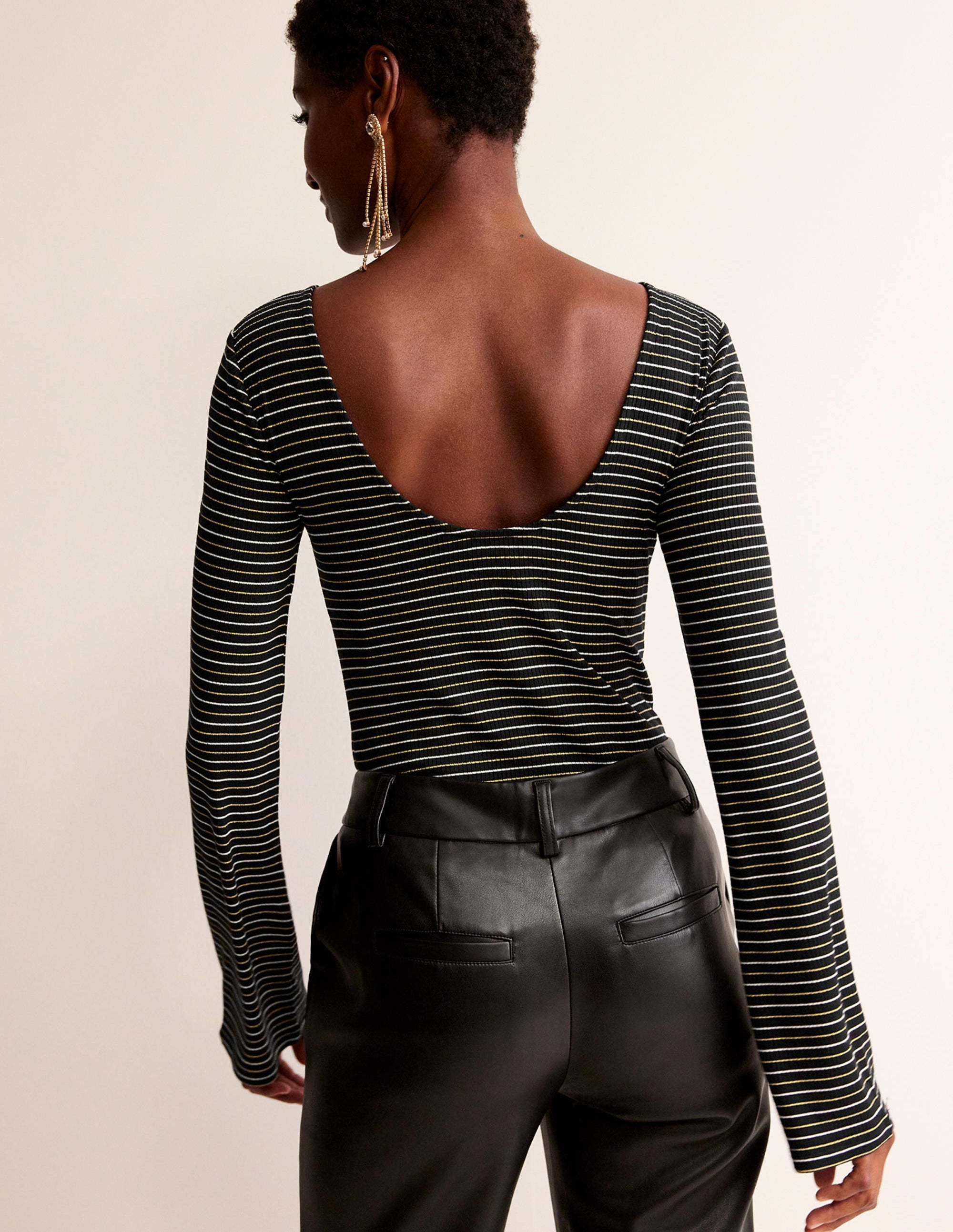 Top en jersey avec manches à godets-Rayé noir - Image 3