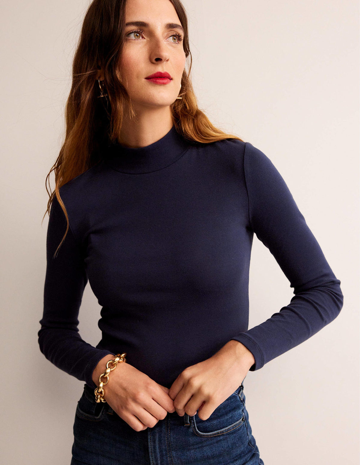 Essential High Neck Jersey Top-Navy-1