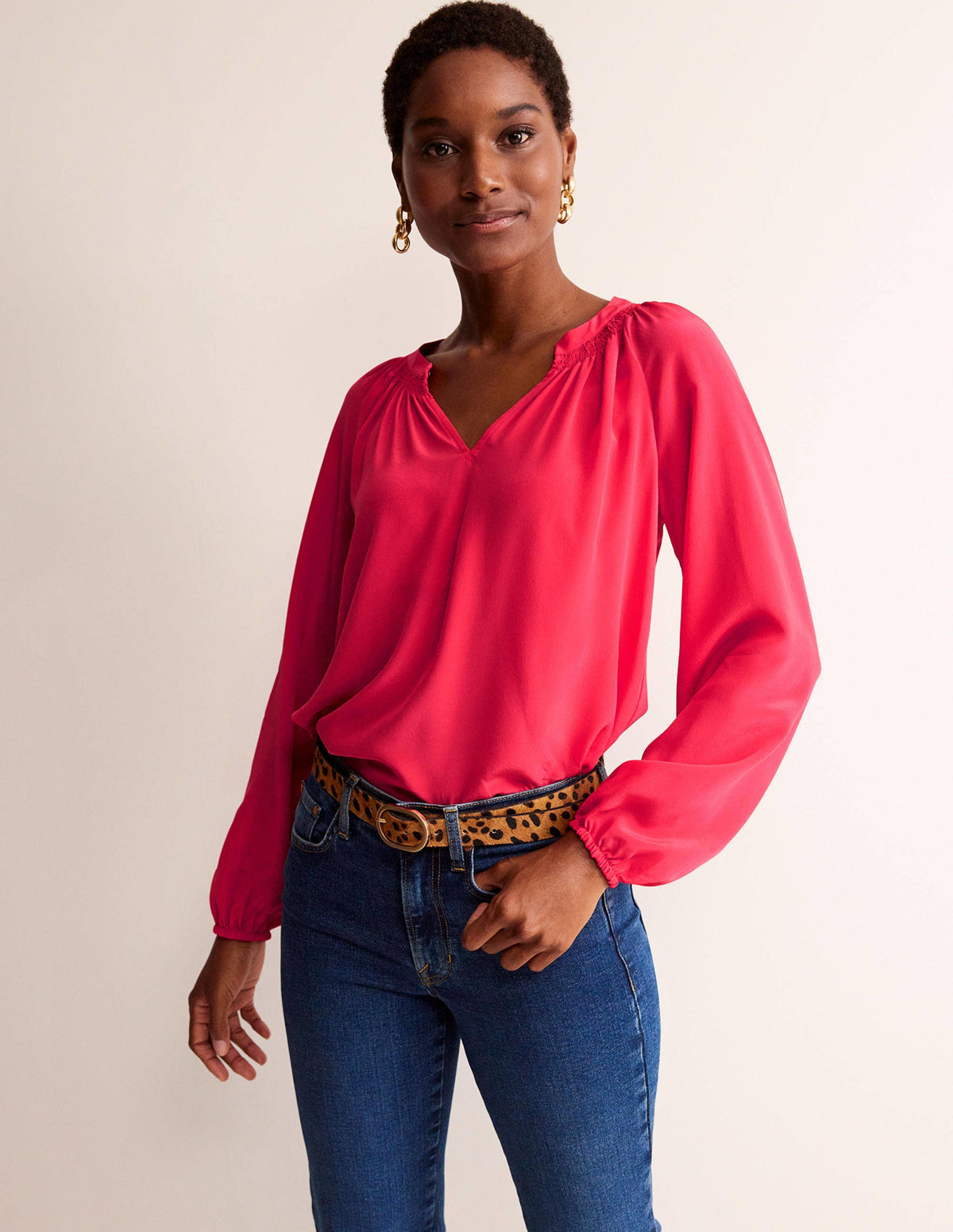 Seidenbluse mit gerafftem Kragen-Pop Pfingstrose - Image 4