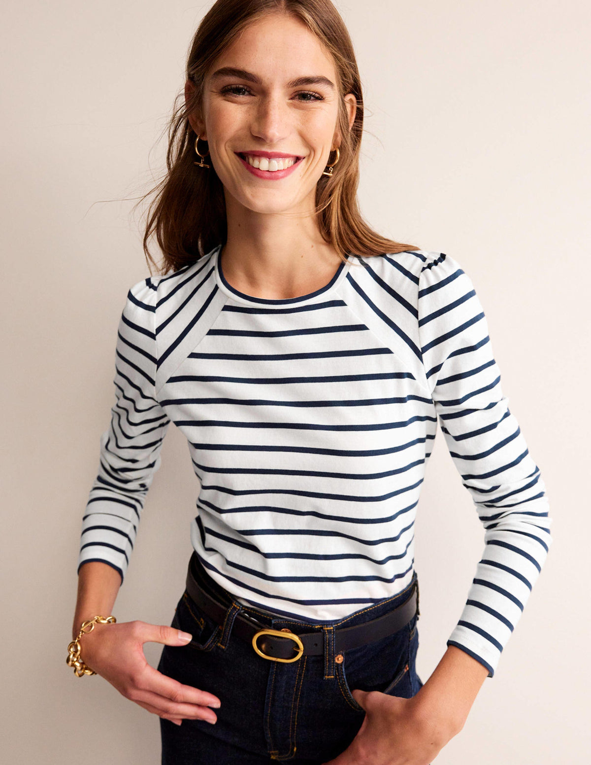 Arabella Gestreiftes T-Shirt-Naturweiß, Französisches Marineblau - Image 1