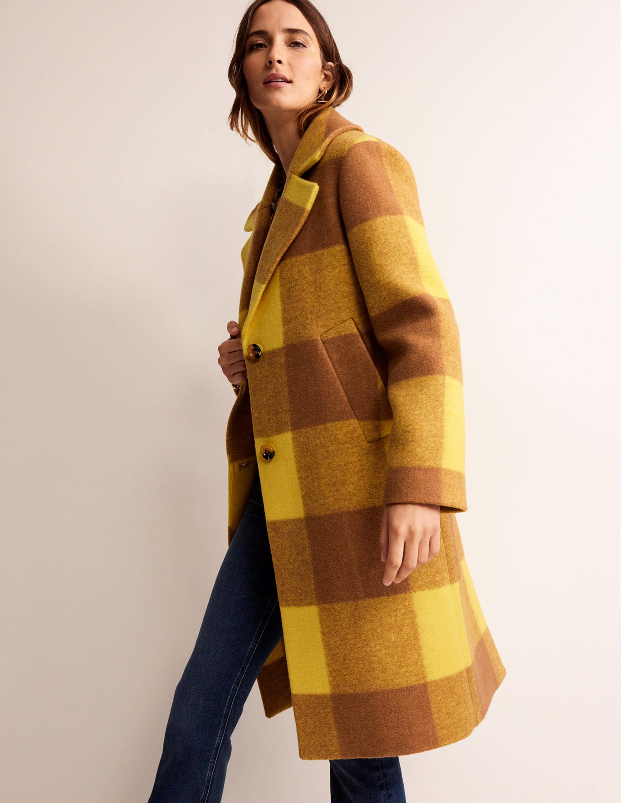 Manteau décontracté en laine à carreaux-Carreaux jaunes - Image 4