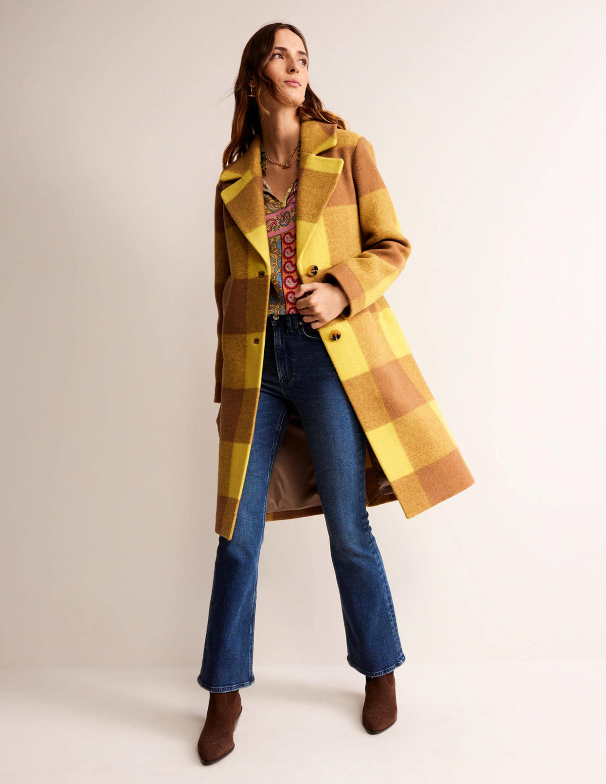 Manteau décontracté en laine à carreaux-Carreaux jaunes-5