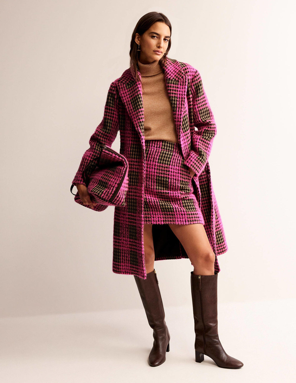 Manteau croisé en laine-Carreaux bouclé rose - Image 1