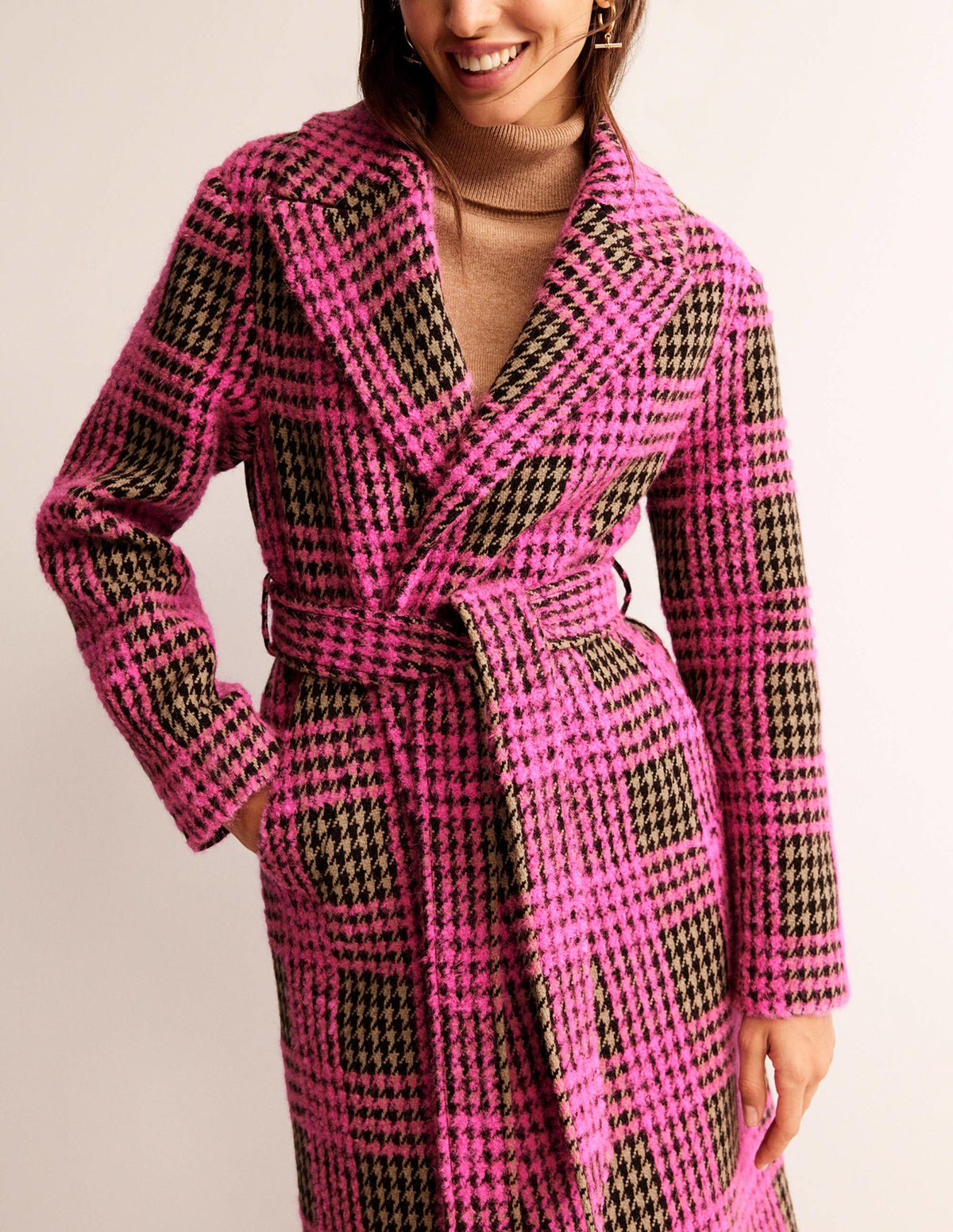 Manteau croisé en laine-Carreaux bouclé rose-2