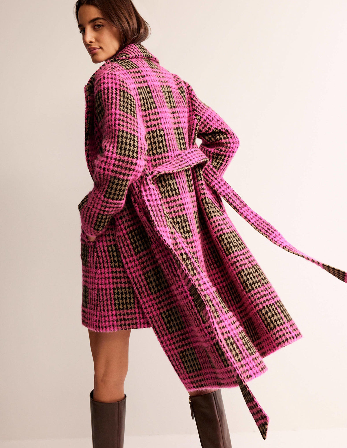 Manteau croisé en laine-Carreaux bouclé rose-3