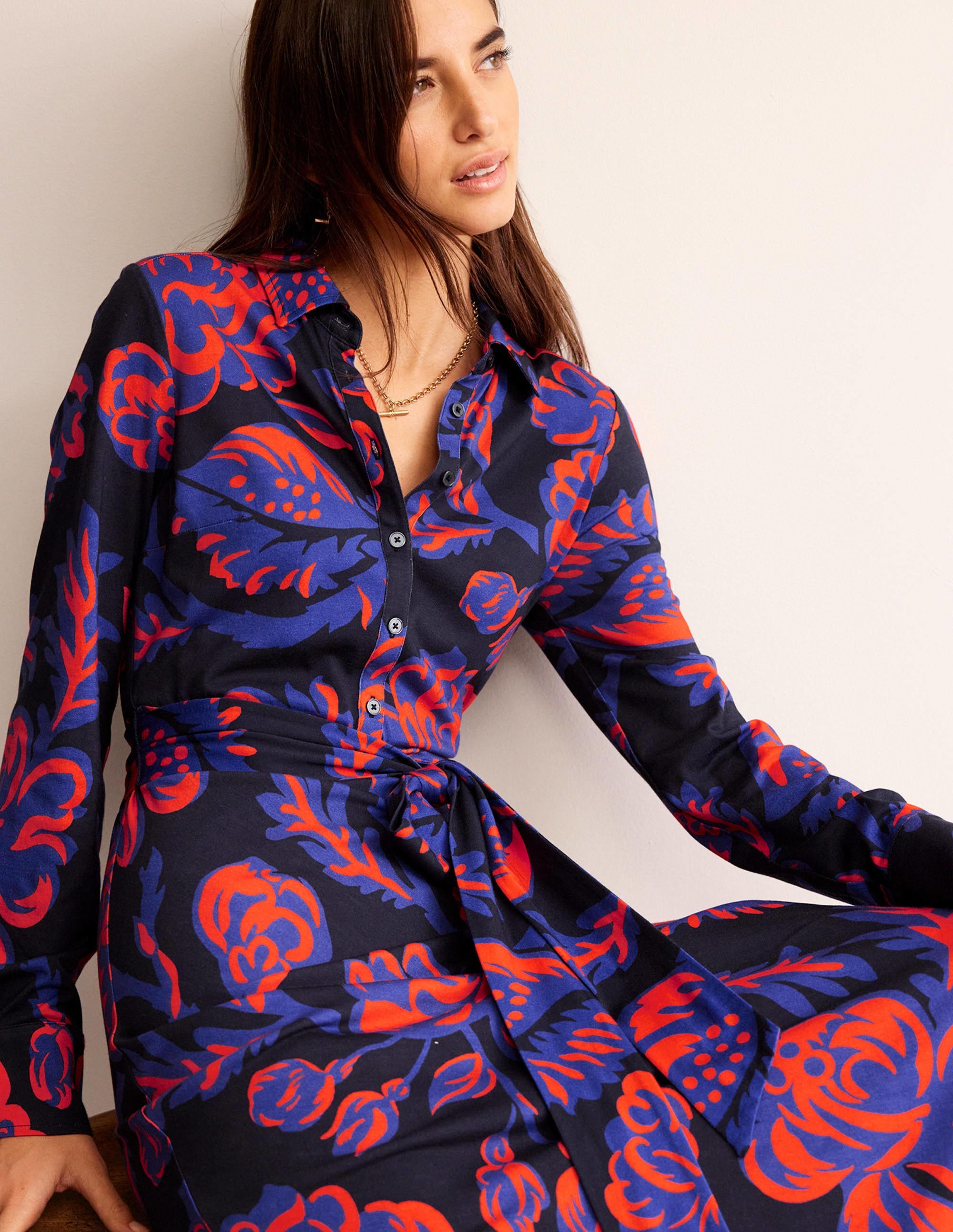Laura Midi-Hemdblusenkleid aus Jersey-Französisches Marineblau, Rosenstrauch - Image 4