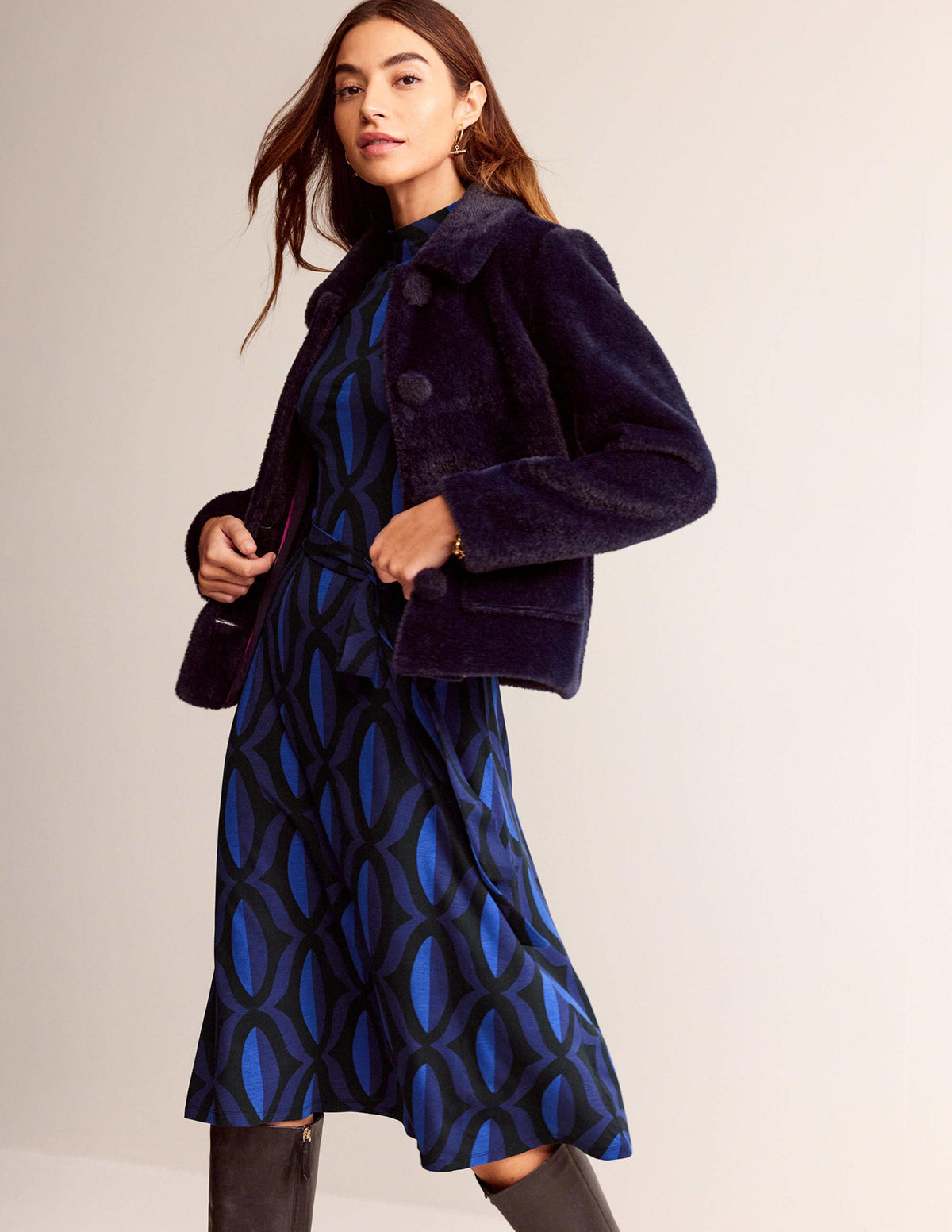 Robe midi Alberta en jersey-Bleu saphir, motif Geo Valley-4