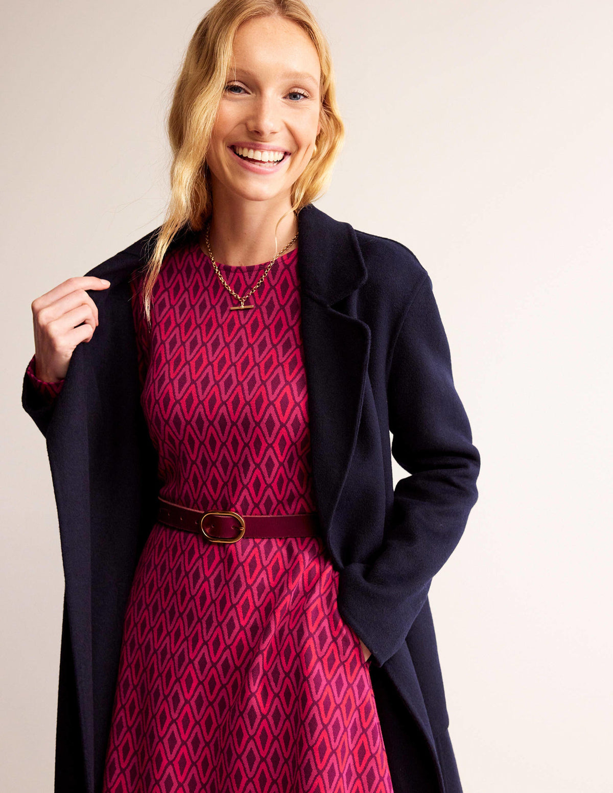 Jacquard A-Line Short Dress-Vibrant Pink, Azure Jacquard-1
