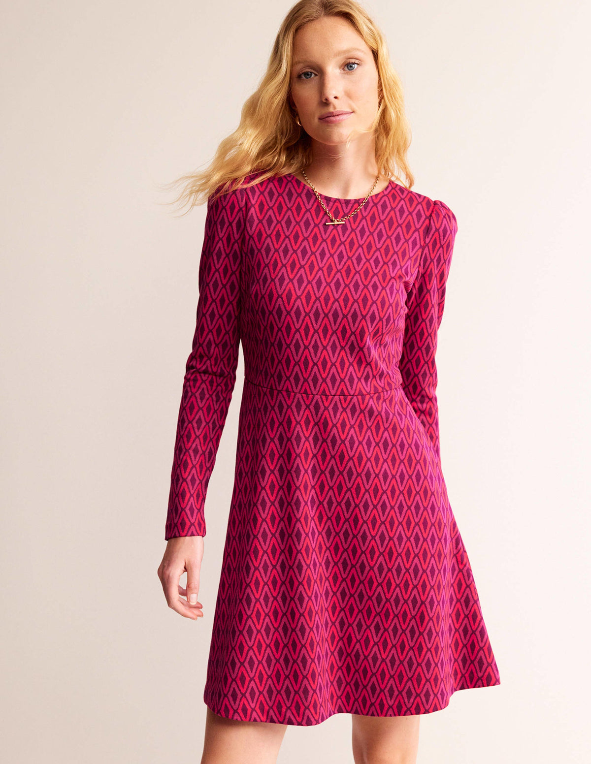 Jacquard A-Line Short Dress-Vibrant Pink, Azure Jacquard-2