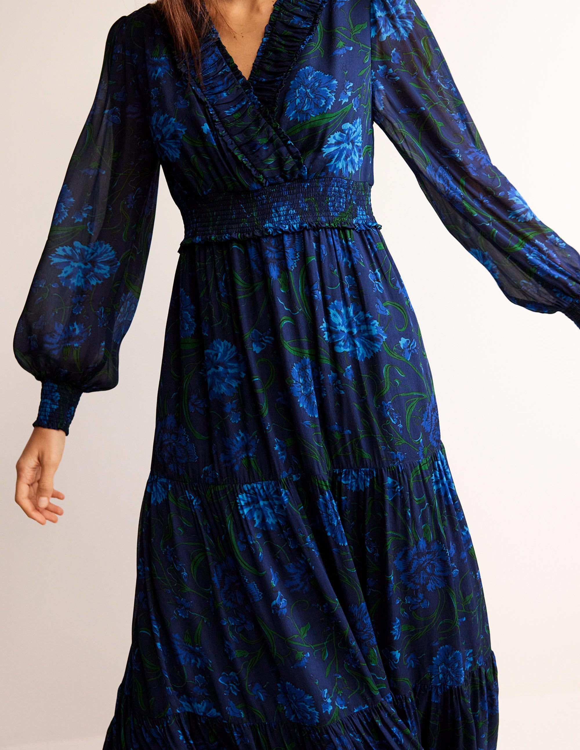 Florales Maxikleid mit Rüschenkragen-Marineblau, Freesie - Image 3