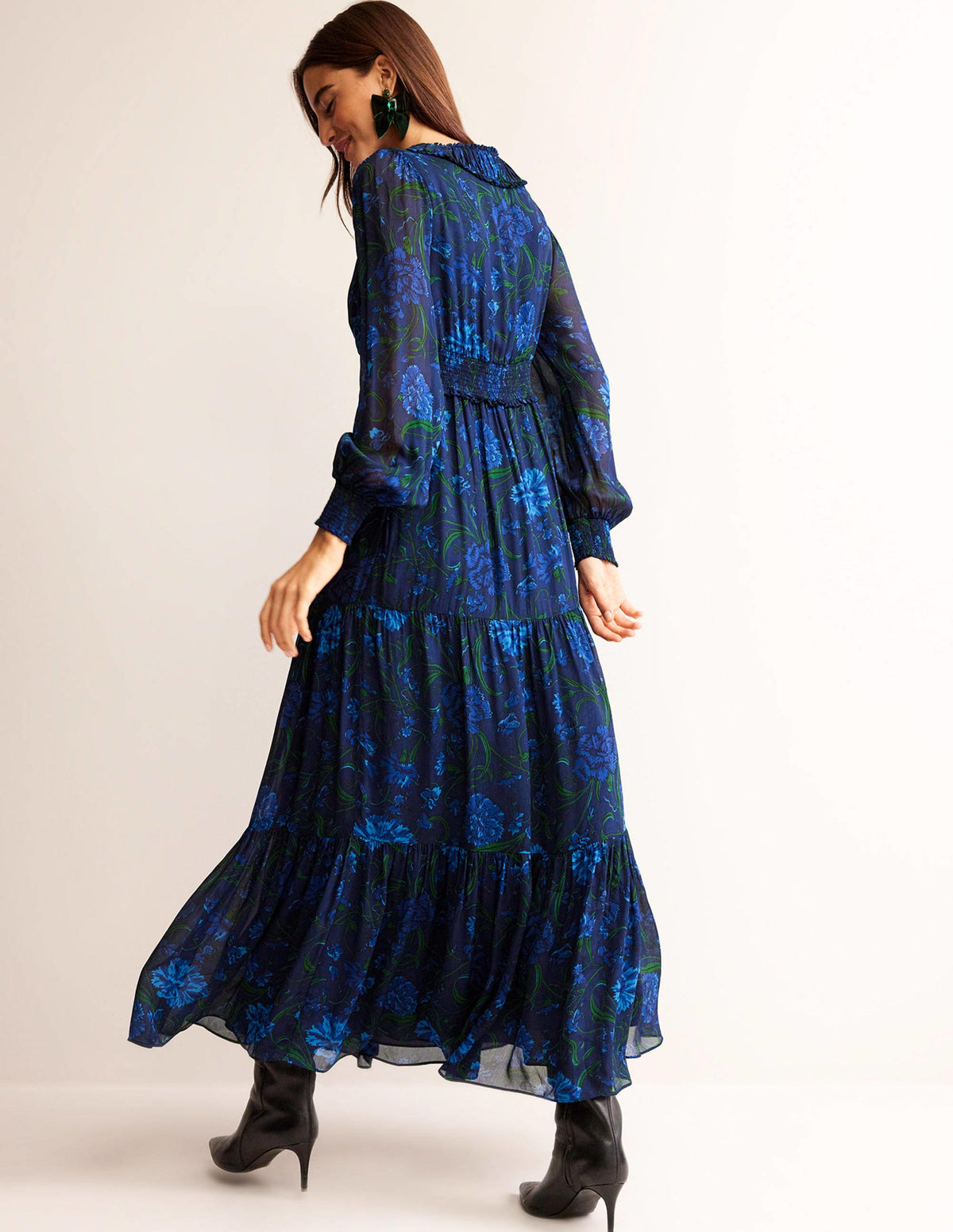 Florales Maxikleid mit Rüschenkragen-Marineblau, Freesie-4