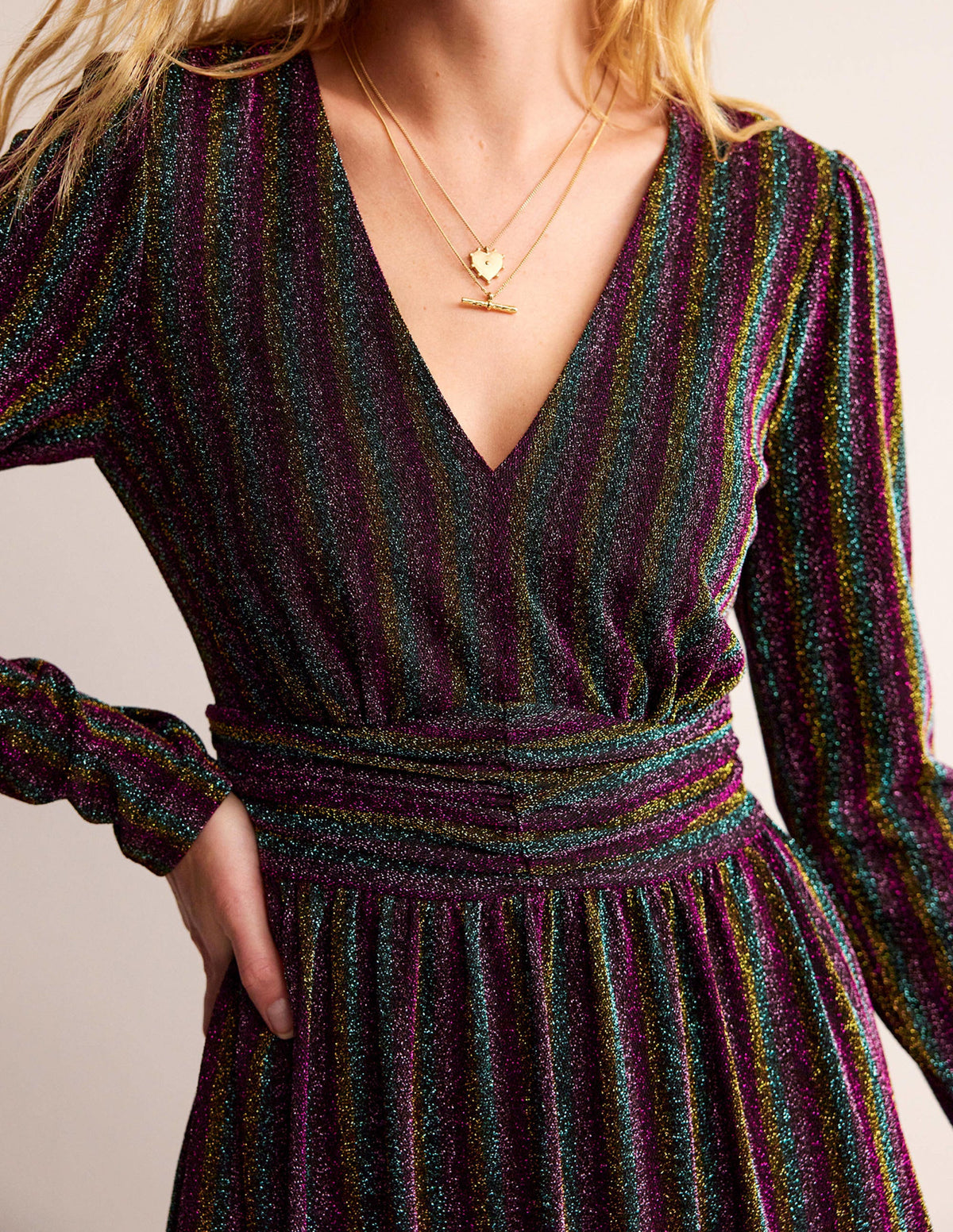 Midikleid mit Raffung und Glitzer-Bunt Gestreift-2