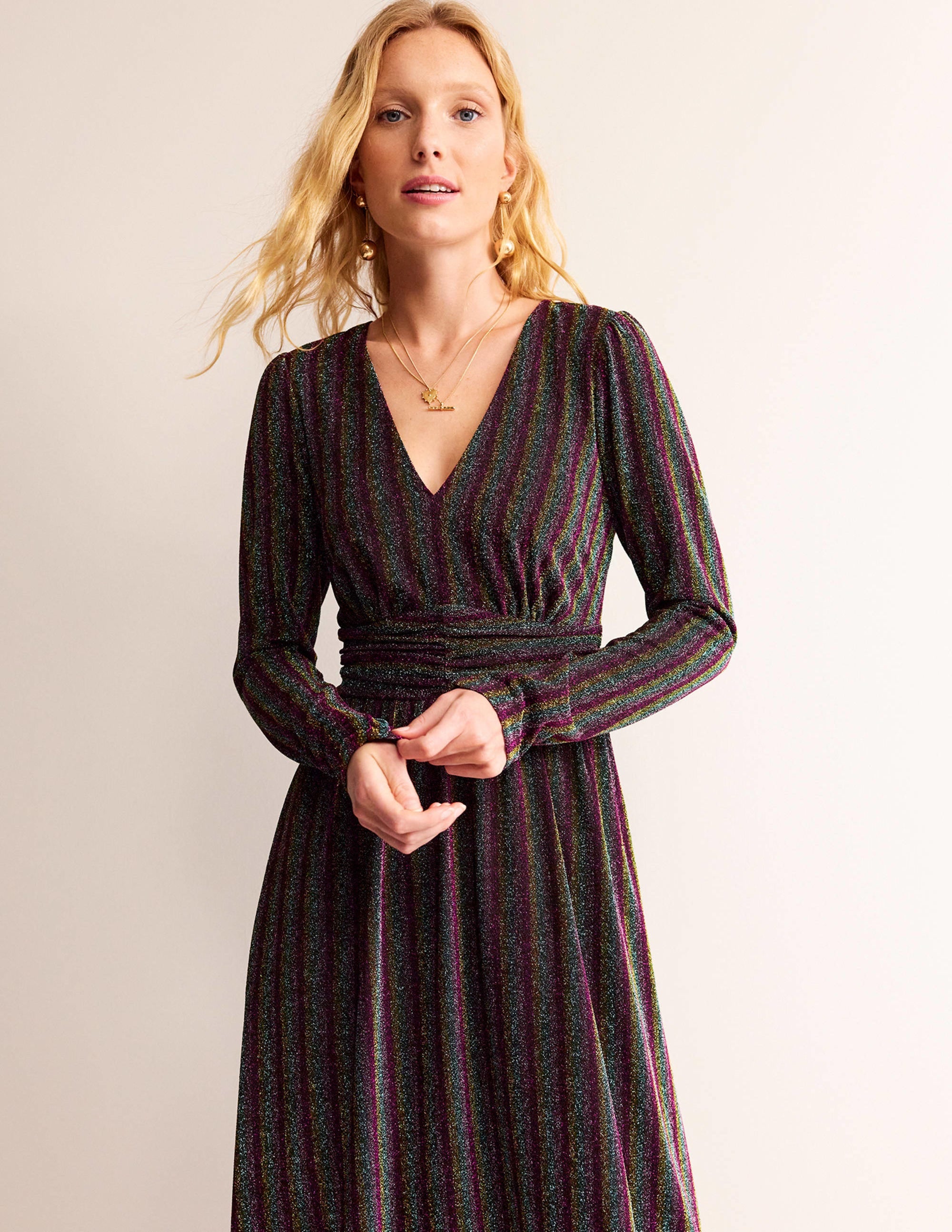 Midikleid mit Raffung und Glitzer-Bunt Gestreift - Image 4