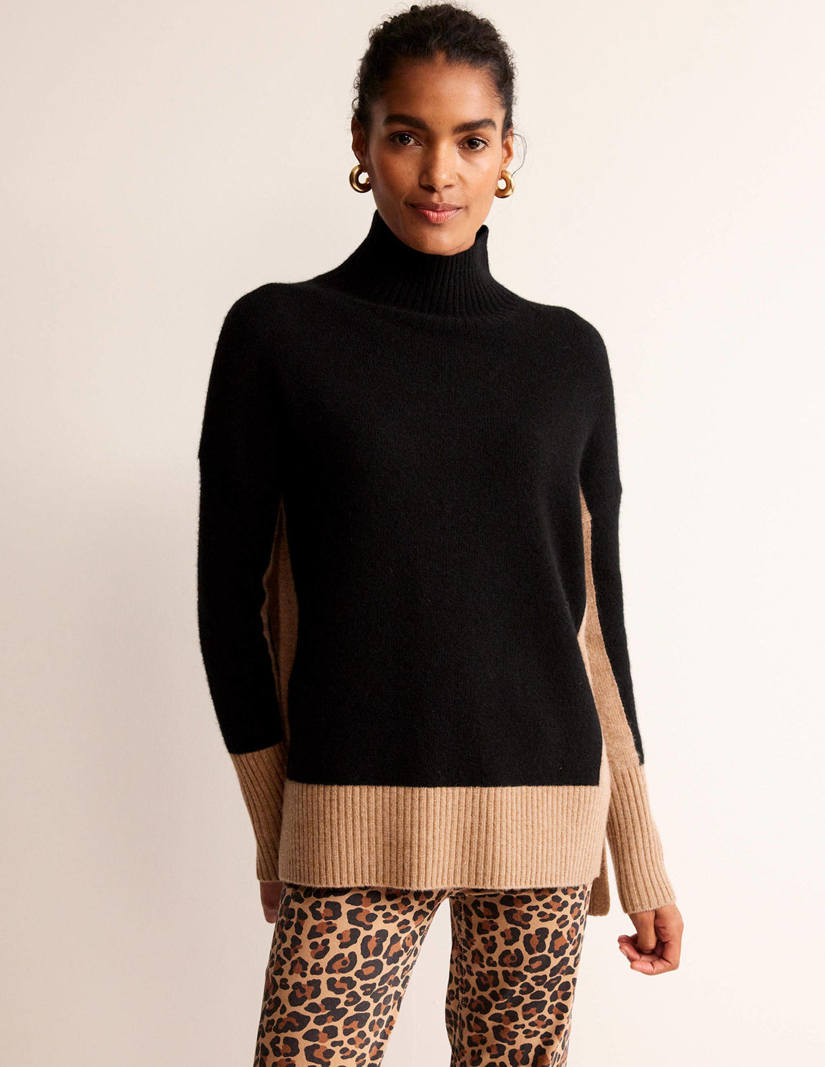 Jessica Oversize-Pullover-Schwarz, Kamelbraun Blockfarben - Image 2