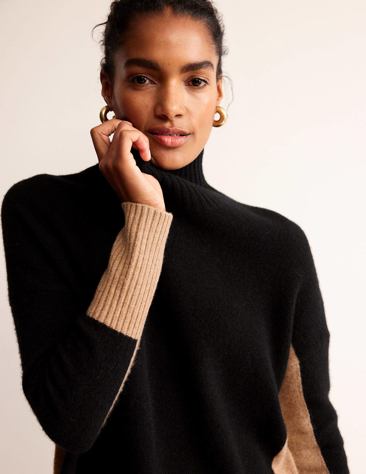 Jessica Oversize-Pullover-Schwarz, Kamelbraun Blockfarben-3