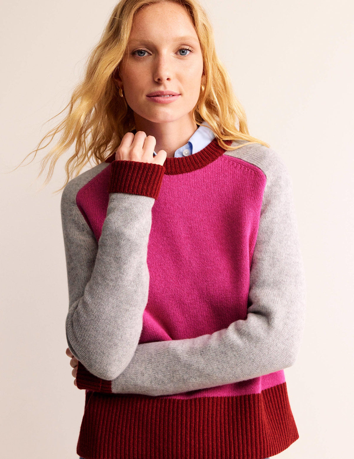 Olivia Merino-Pullover-Amaranth, Feuerglühen Blockfarben - Image 1