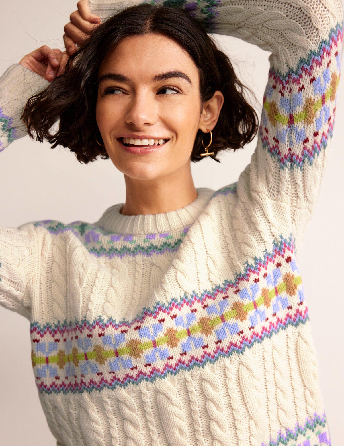 Pull en maille torsadée à motif jacquard-Ivoire chaud-1