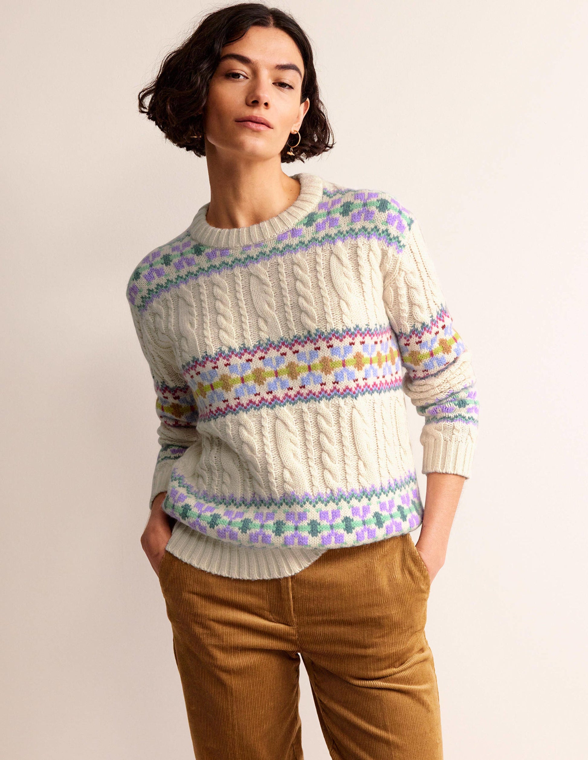 Pull en maille torsadée à motif jacquard-Ivoire chaud-2