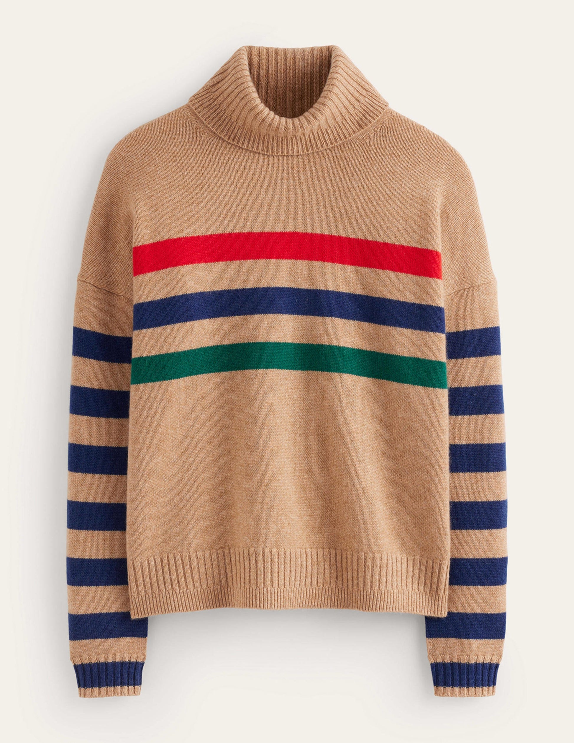 Pull col roulé en cachemire-Rayé camel et rouge-5