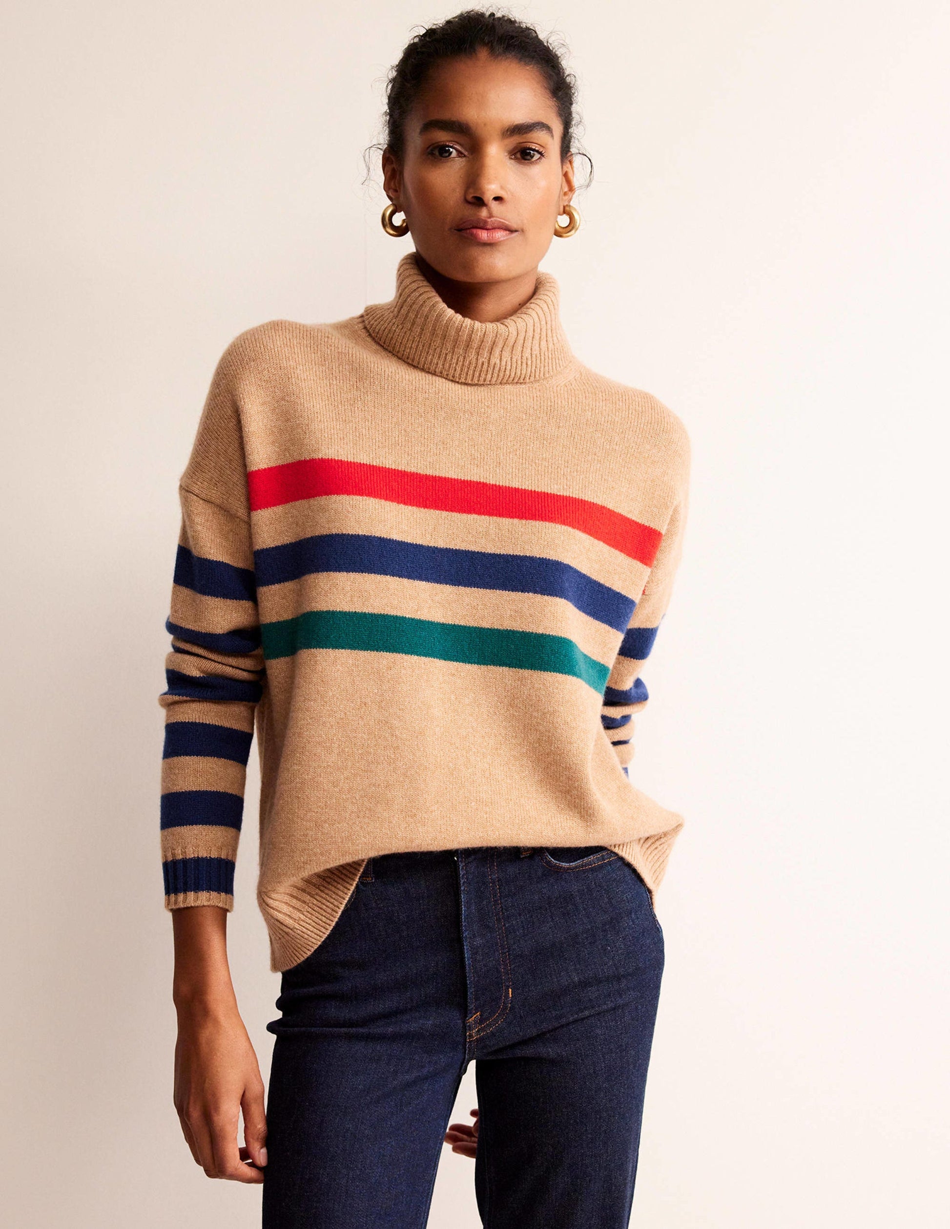Pull col roulé en cachemire-Rayé camel et rouge-2