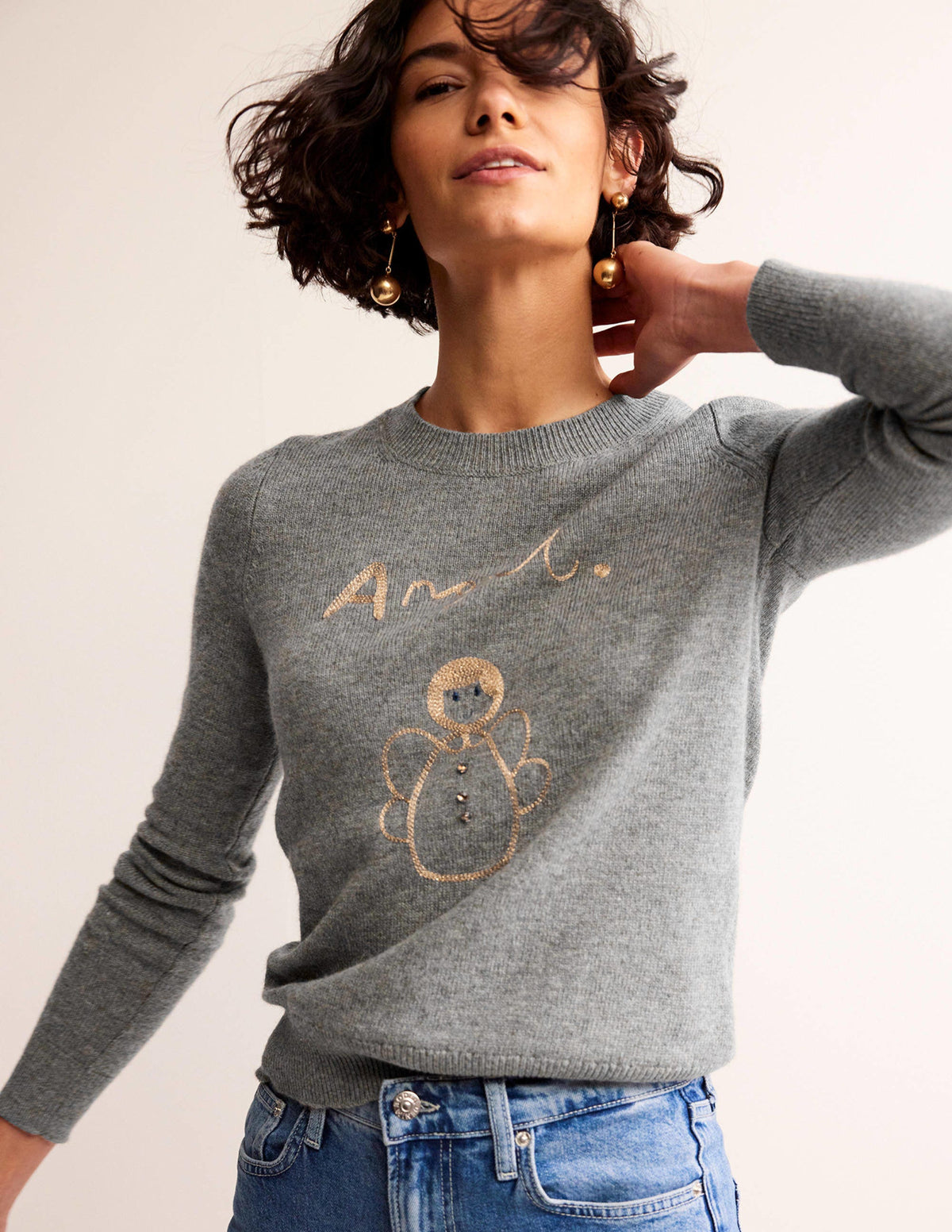 Festlicher Pullover mit Stickerei-Grau Meliert, Engel - Image 1