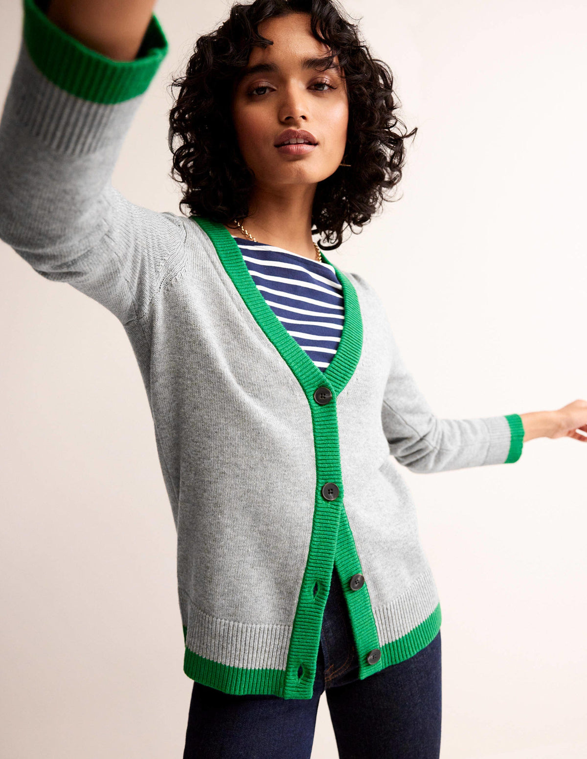 Gilet Alma à détail contrastant-Gris chiné, vert tambourin-1
