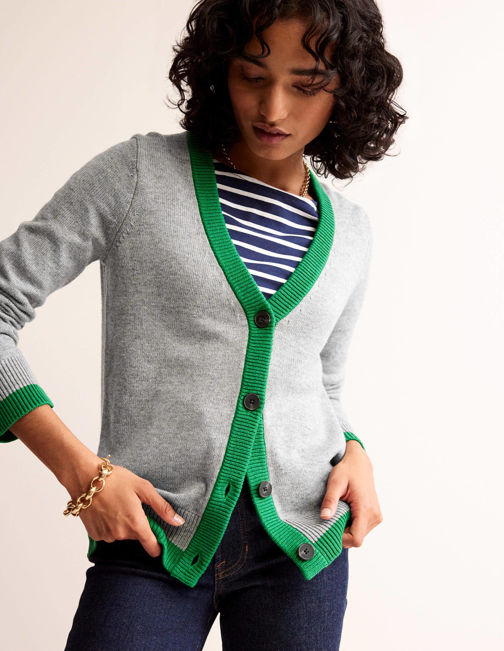 Gilet Alma à détail contrastant-Gris chiné, vert tambourin - Image 4