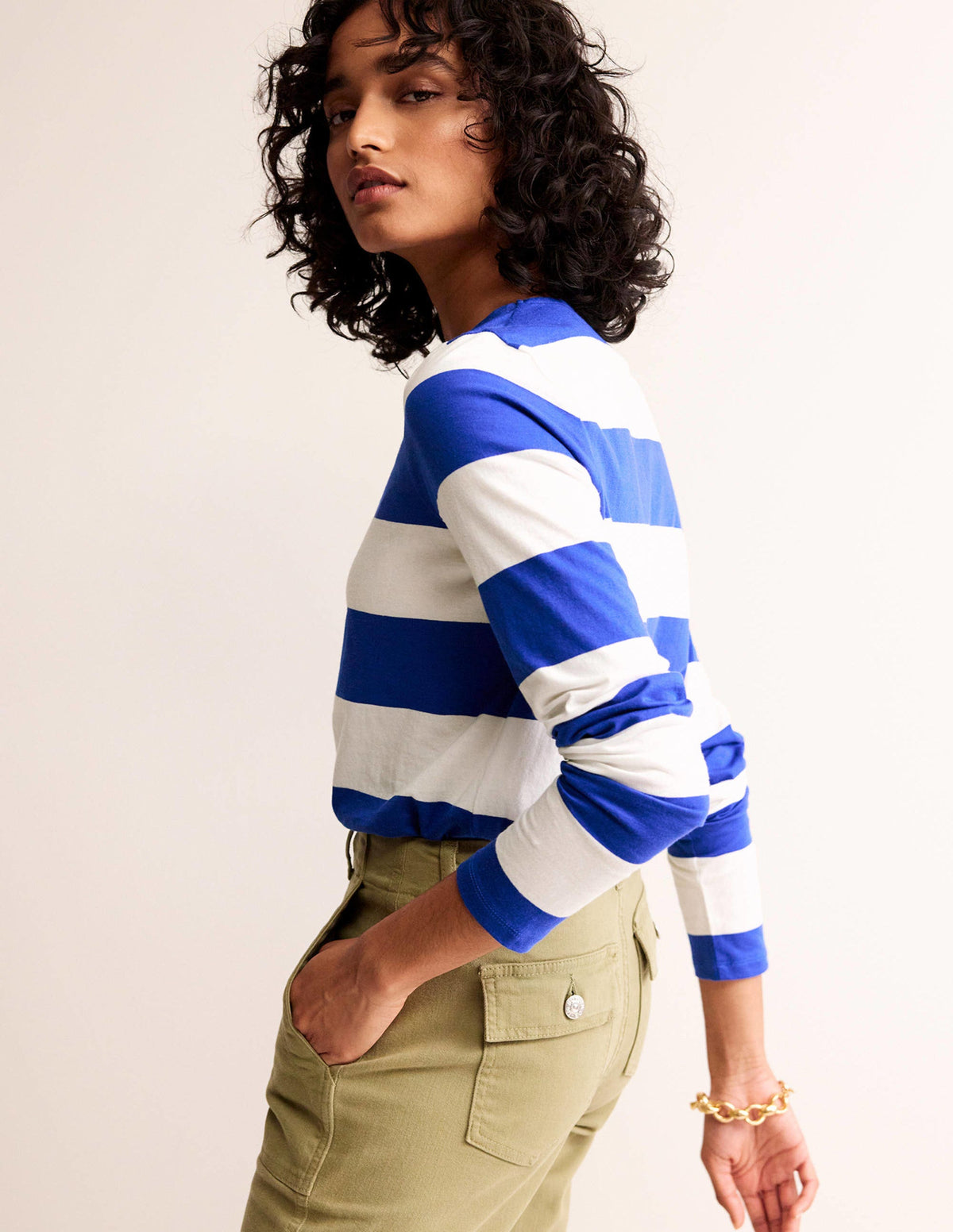 Bea Breton-Shirt mit langen Ärmeln-Blau, Naturweiß Breite Streifen - Image 1