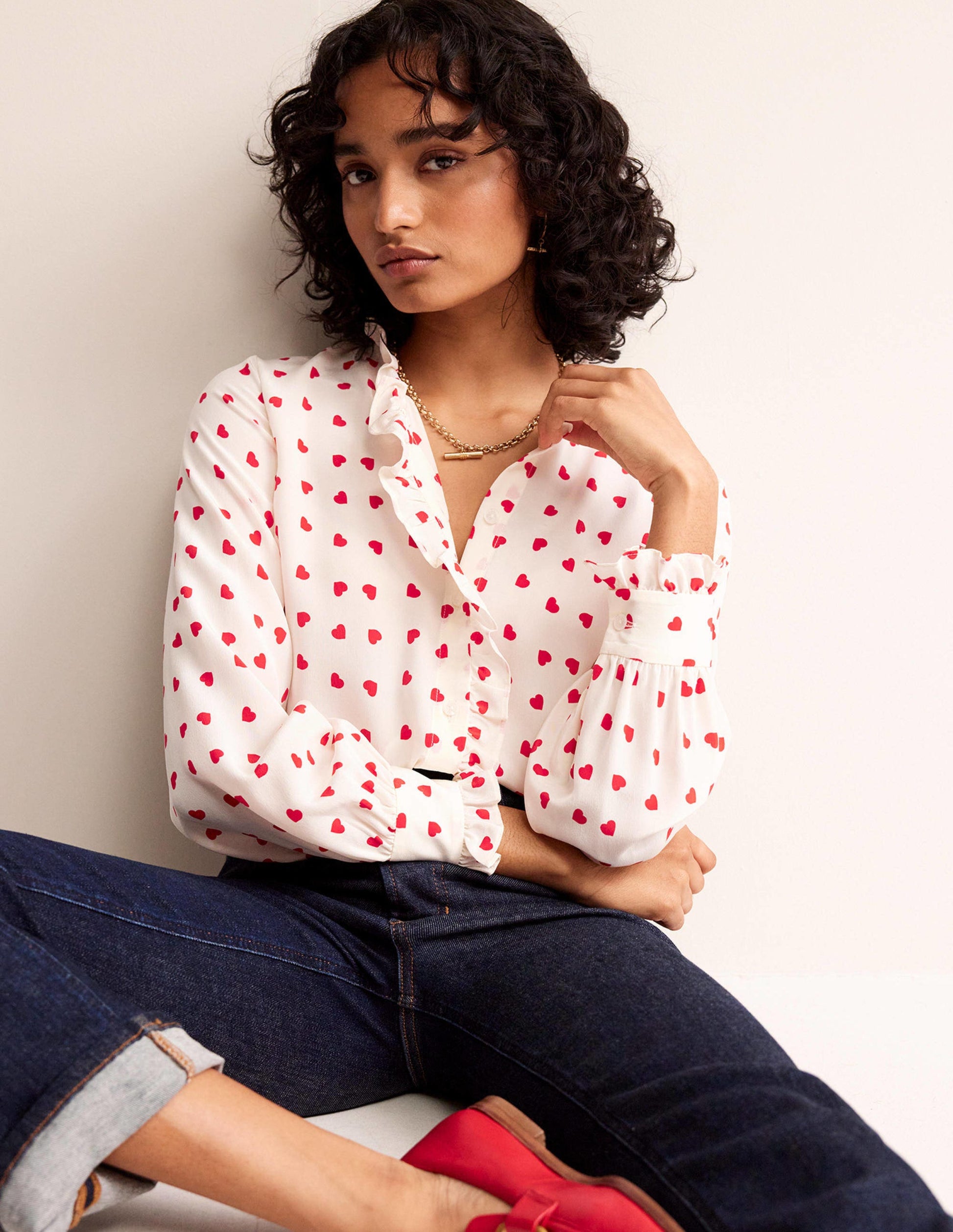 Ruffle Neck Silk Blouse-Ivory, Love Heart-1