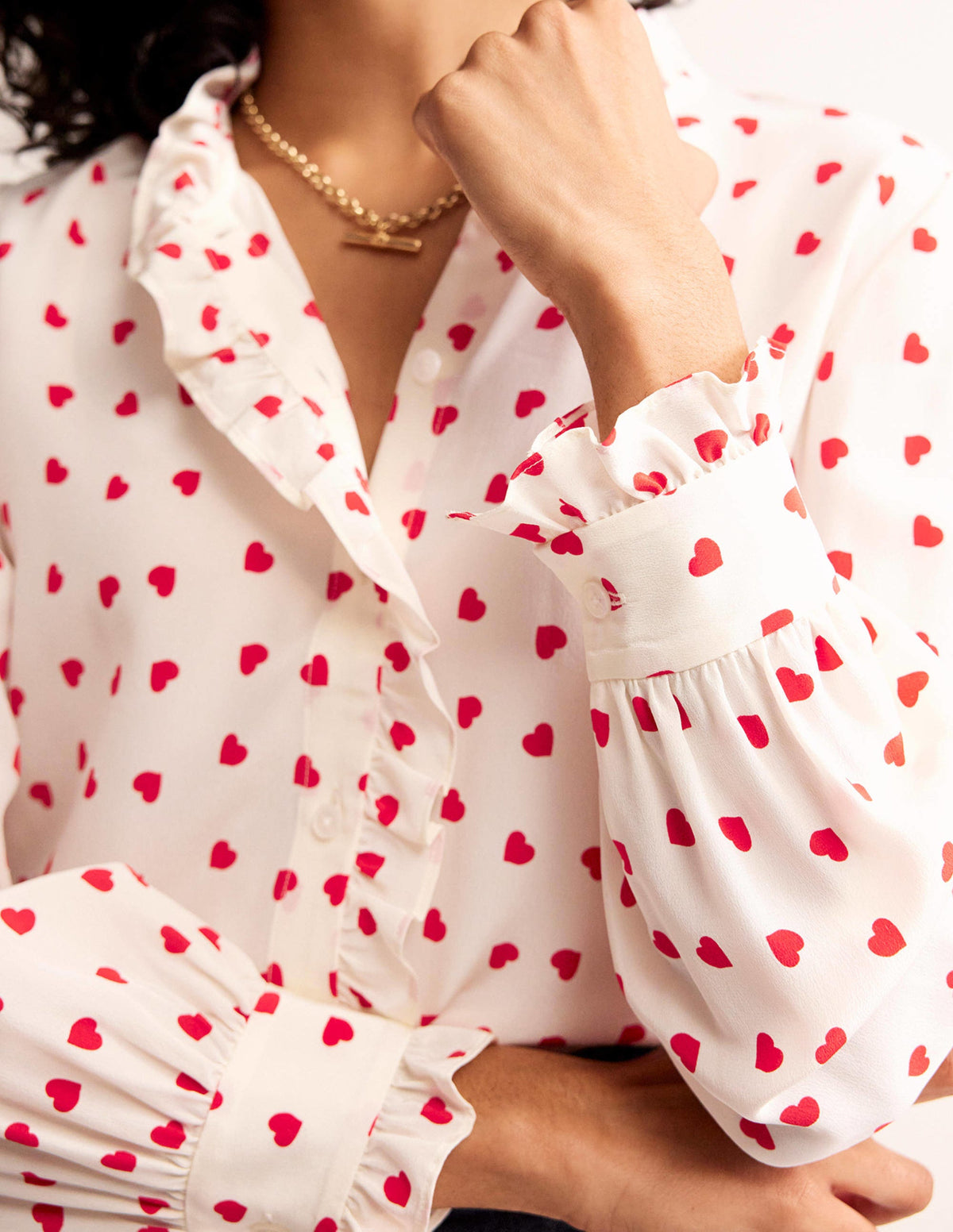 Ruffle Neck Silk Blouse-Ivory, Love Heart - Image 2