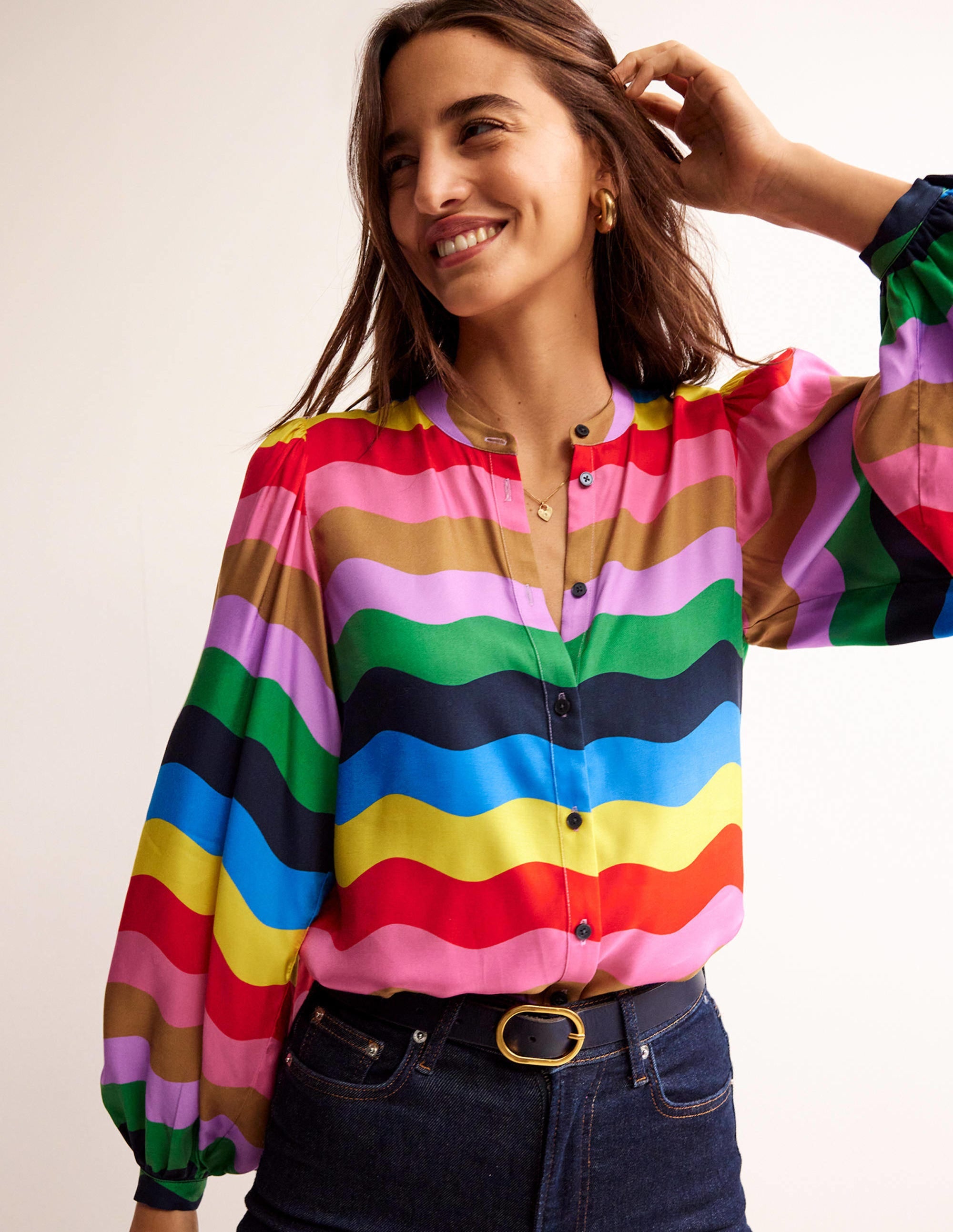 Bluse mit Blousonärmeln-Bunt, Regenbogenwelle - Image 4