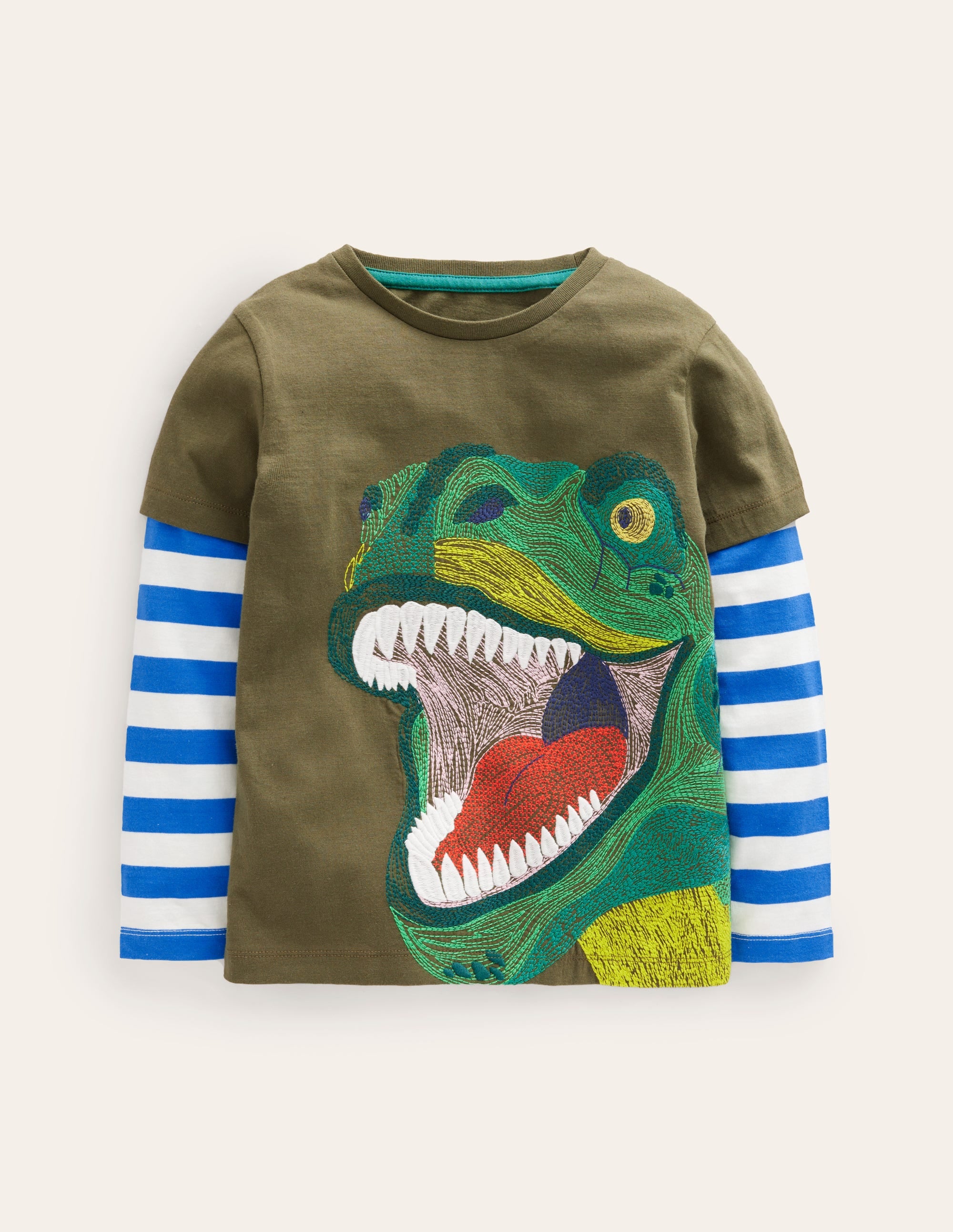 T-Shirt mit Applikation im Lagenlook-Klassisches Khaki Dino - Image 1