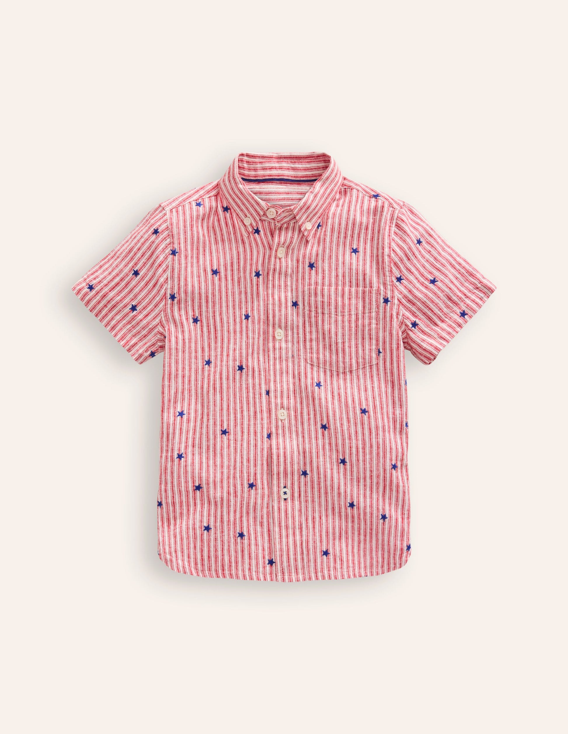 Chemise en coton et lin-Broderie étoile rayé rouge-1
