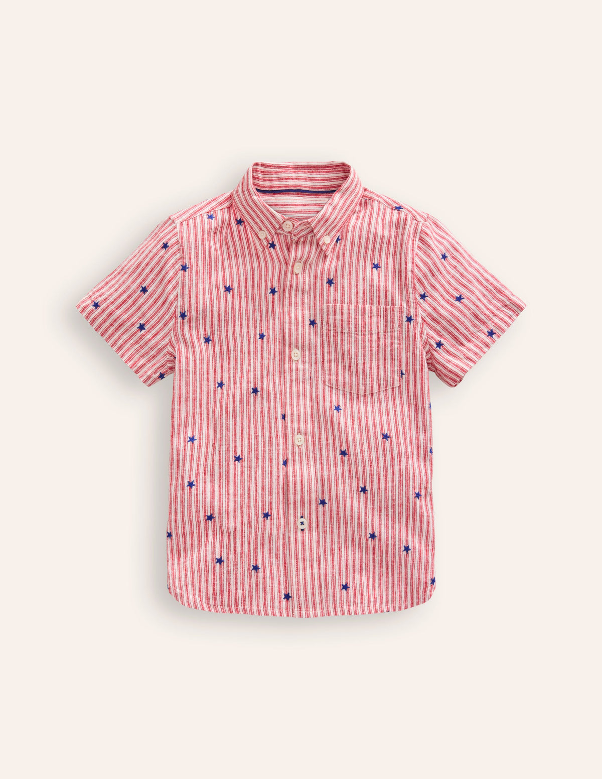 Chemise en coton et lin-Broderie étoile rayé rouge - Image 1