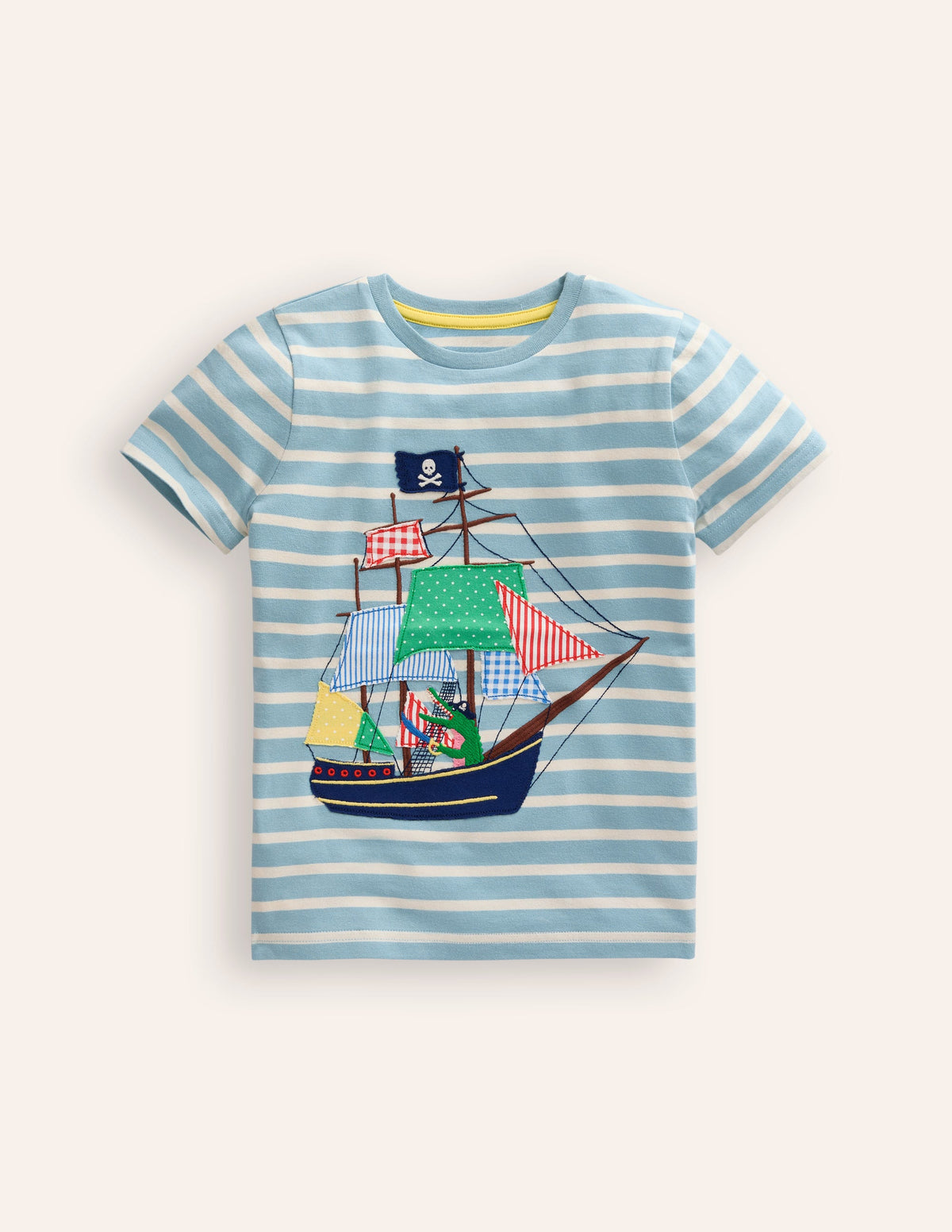 Appliqué Pirate Ship T-shirt-Vintage Blue/ Ivory Stripe - Image 1