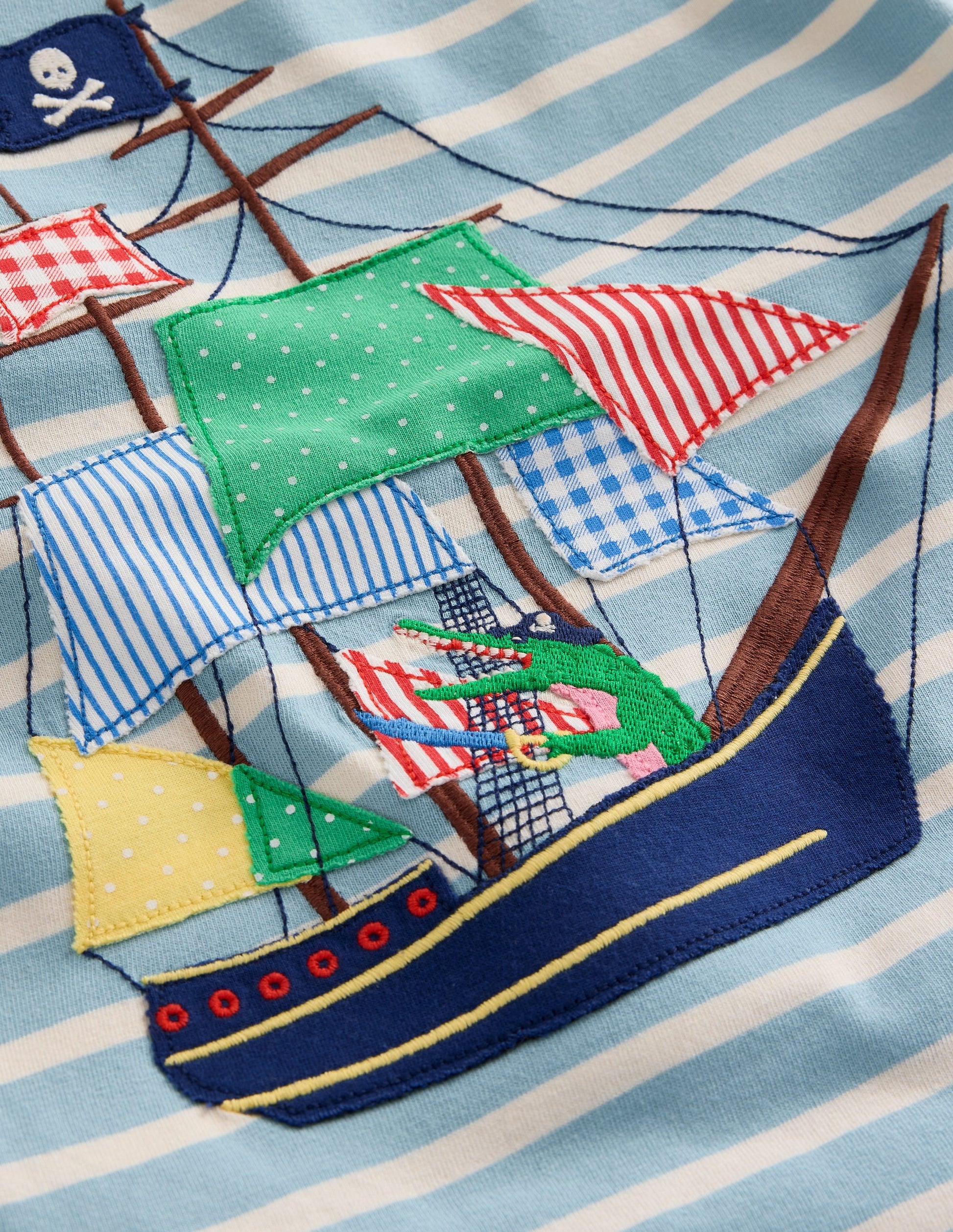Appliqué Pirate Ship T-shirt-Vintage Blue/ Ivory Stripe-3
