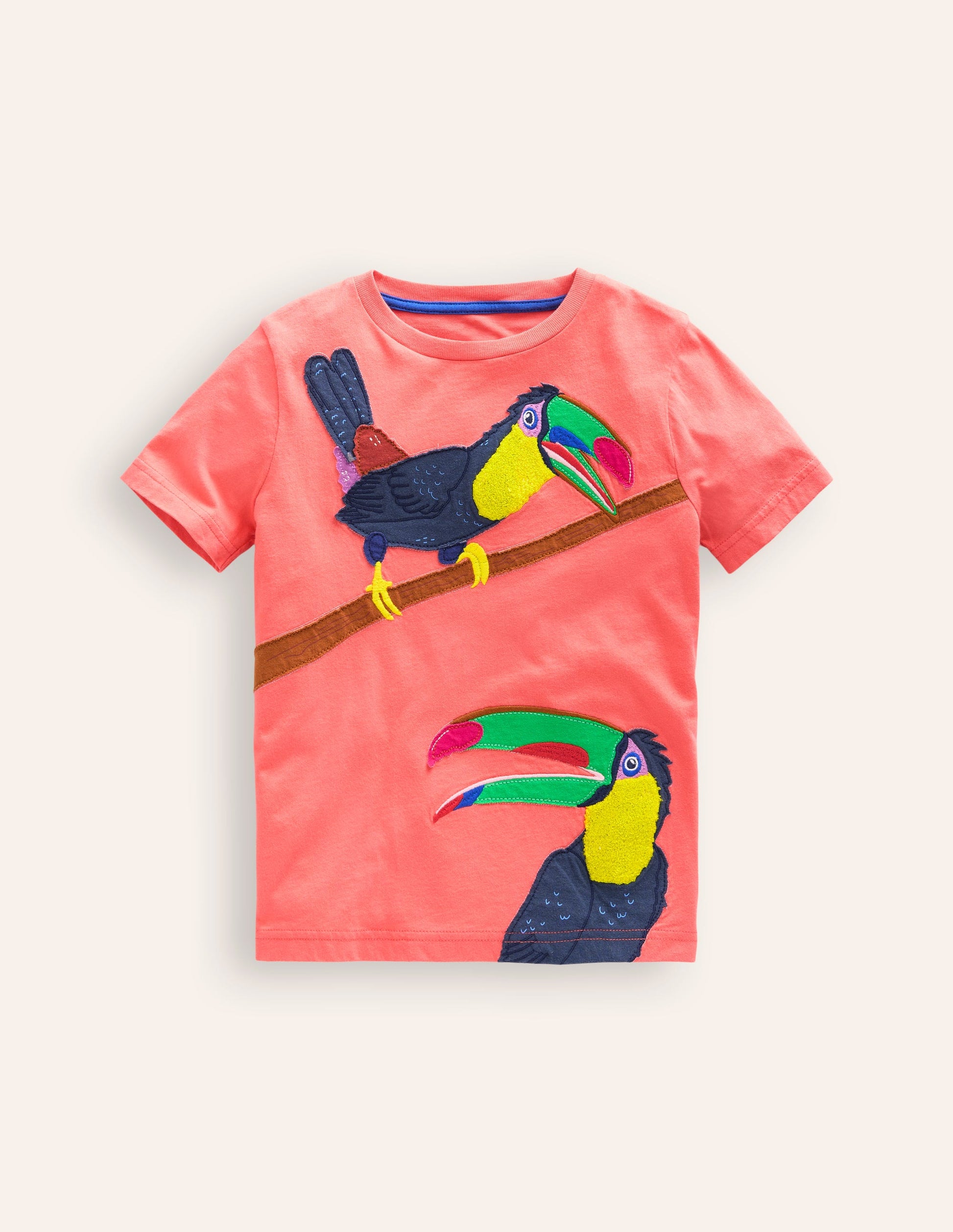 T-Shirt mit großen Tierapplikationen-Korallenrosa Tukane-1
