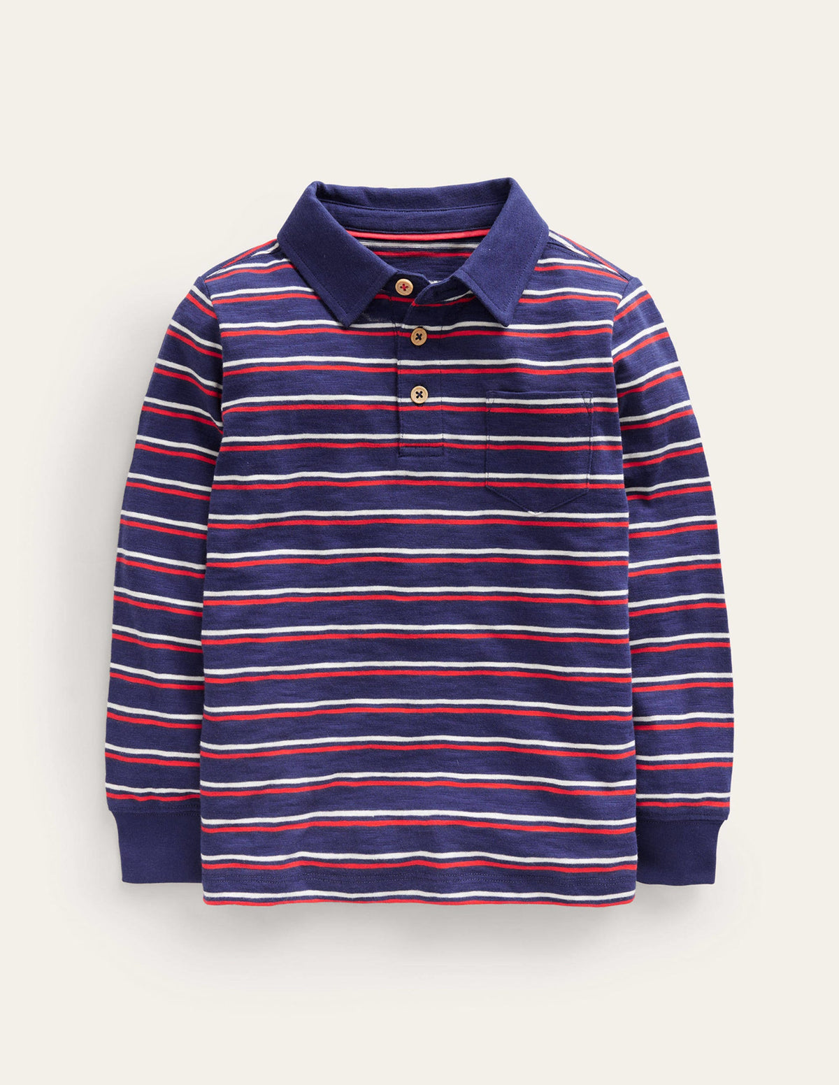 Langärmliges Flammgarn-Poloshirt-Naturweiß/Saphirblau/Mohnblumenrot - Image 1