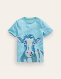T-Shirt mit Tier-Superstitch-Ritterspornblau Kuh