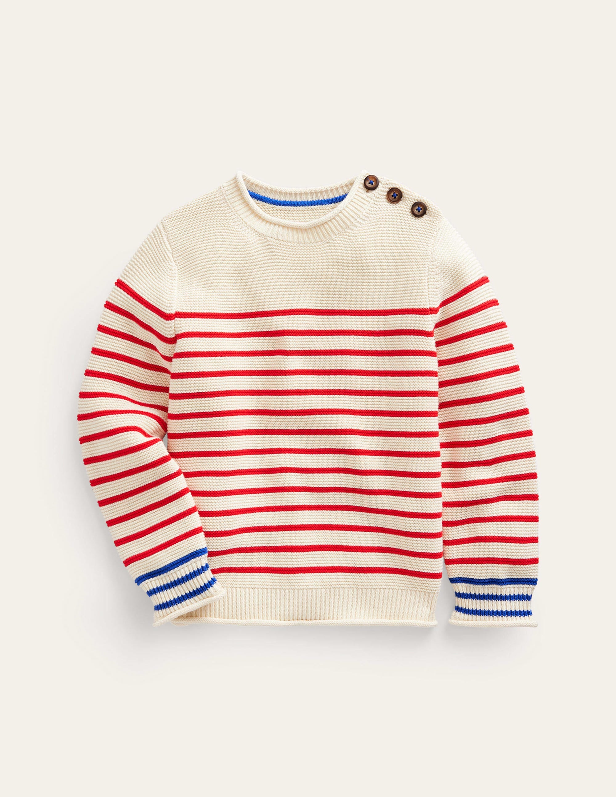 Maritimer Pullover mit Streifen-Beige meliert und Marmeladenrot gestreift - Image 1