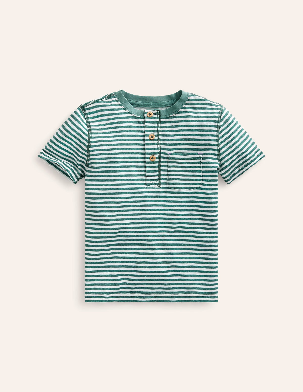 Henley T-Shirt aus gewaschener Baumwolle-Grüne Fichte/ Naturweiß Streifen-1