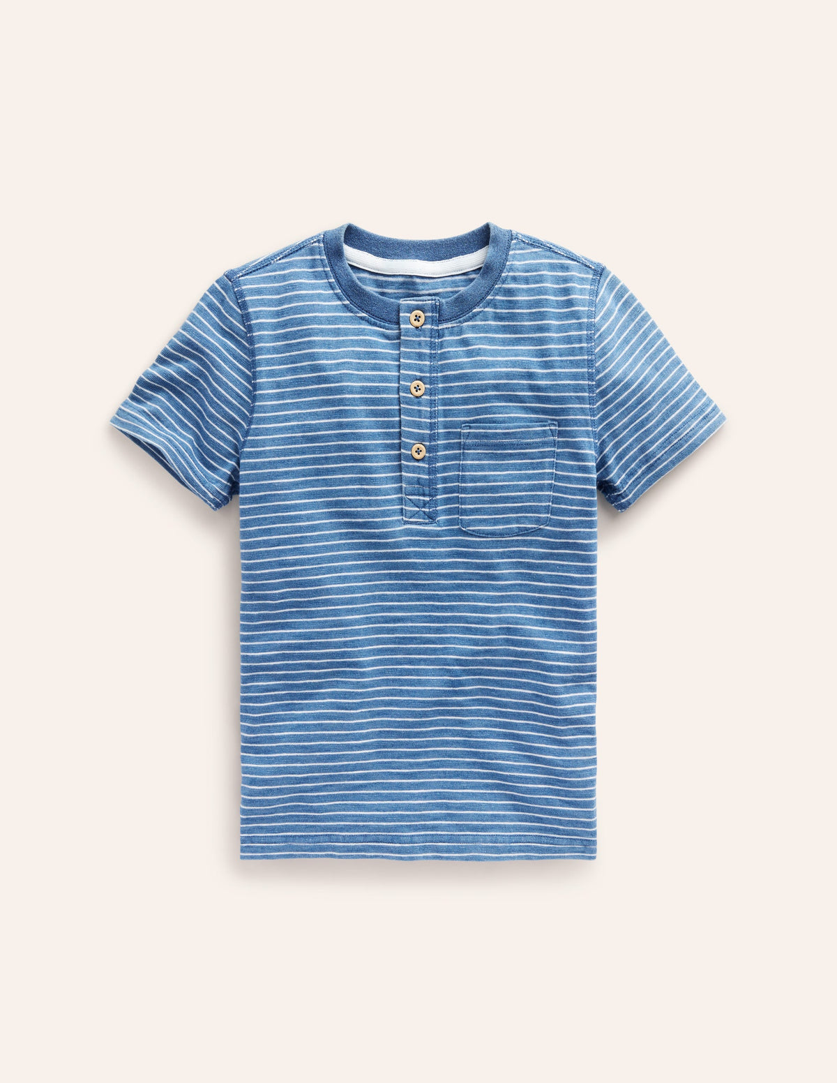 Washed Cotton Henley T-shirt-Indigo Stripe - Image 1