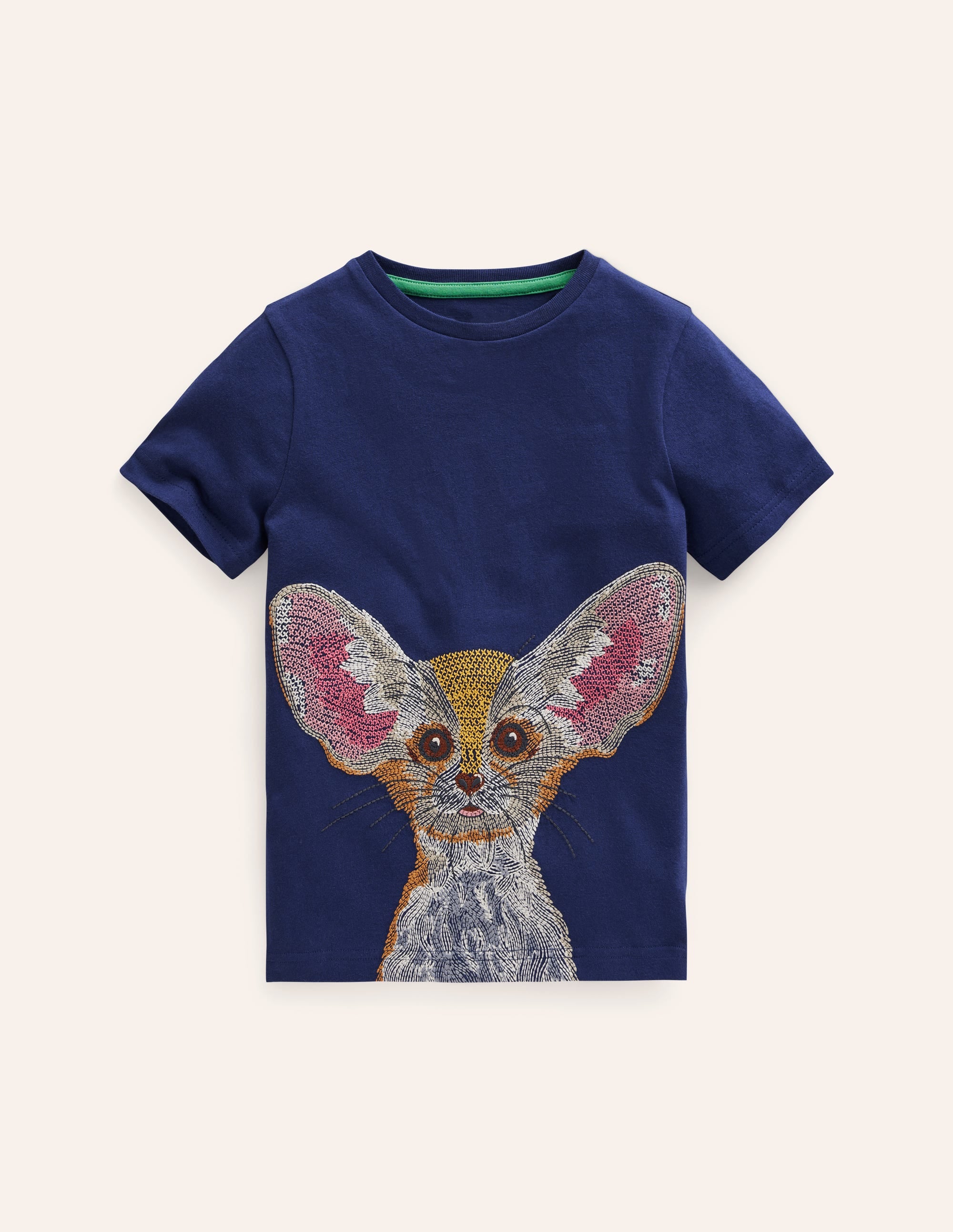 T-shirt animal à super surpiqûres-Fennec bleu marine universitaire - Image 1