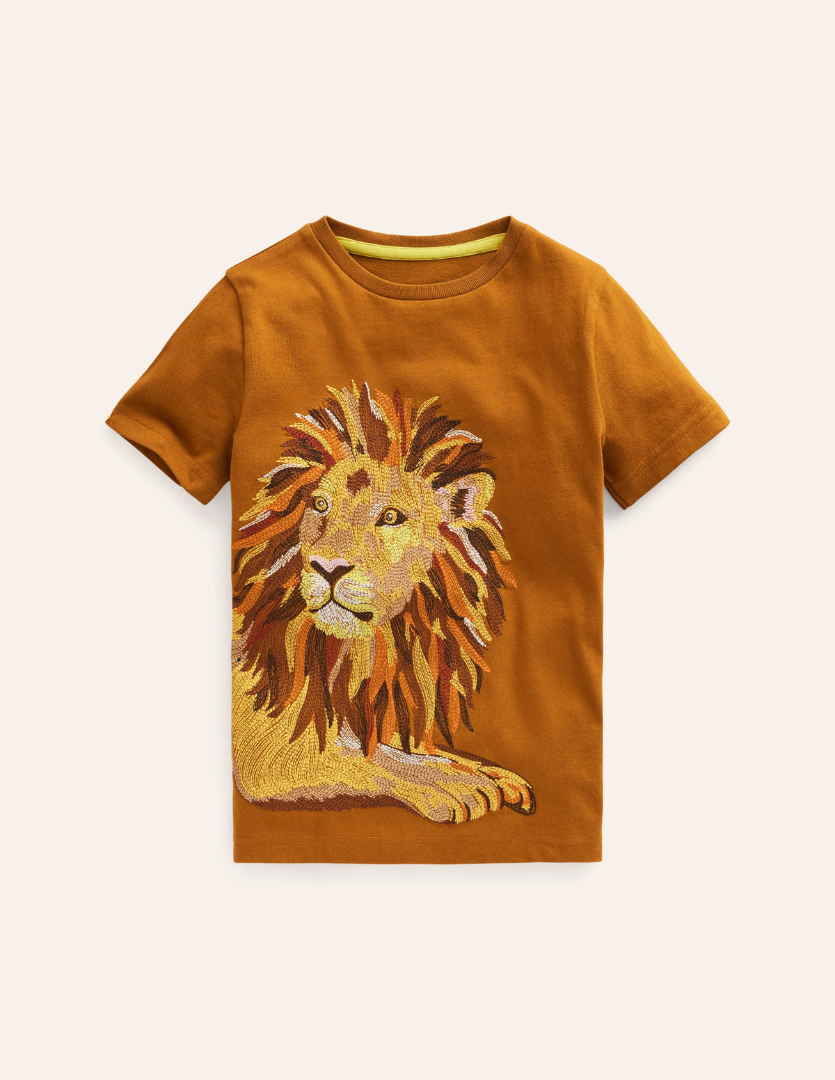 T-shirt animal à super surpiqûres-Lion châtaigne grillée-1