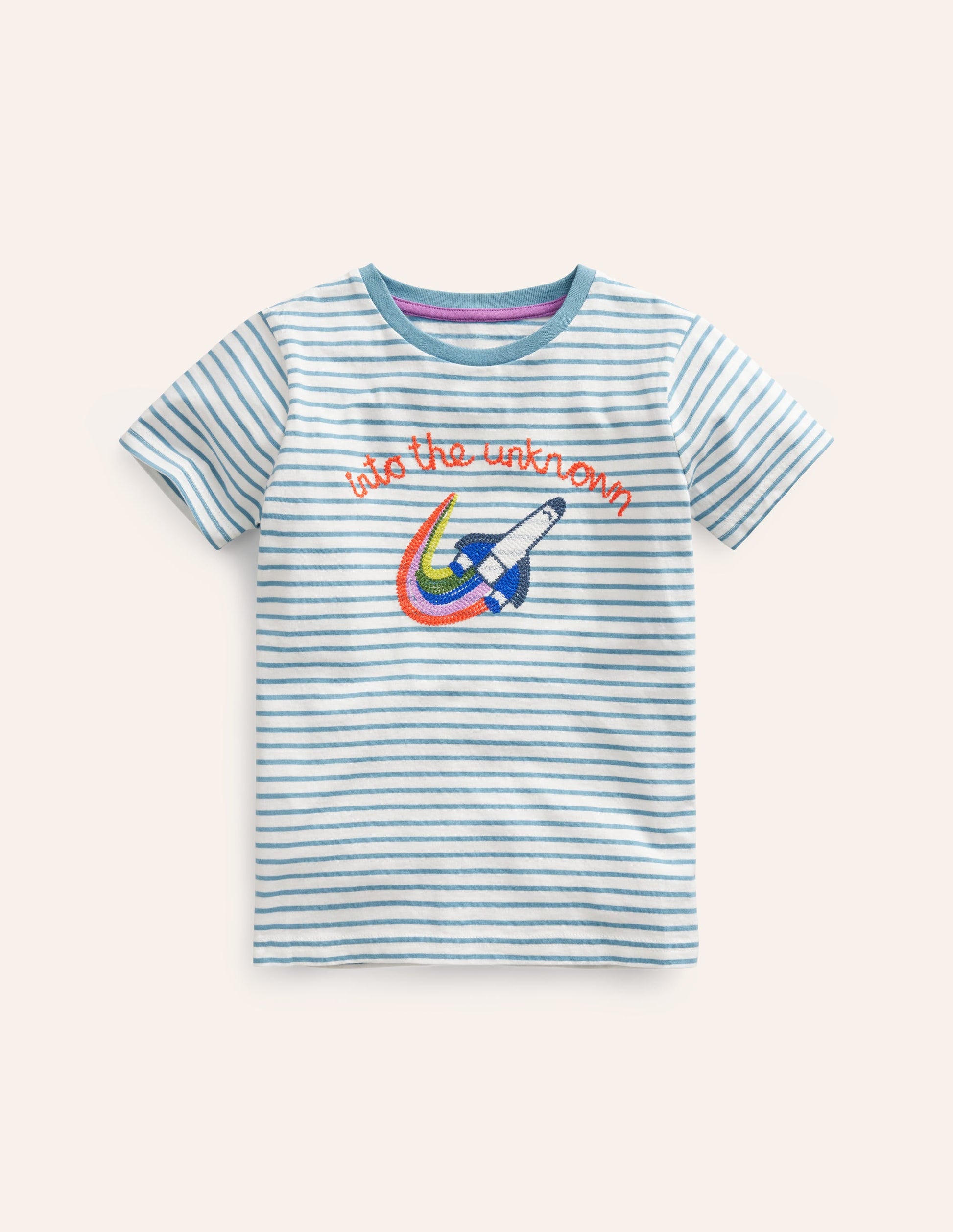 T-Shirt mit aufgestickter Grafik-Saphirblau/Naturweiß Rakete-1