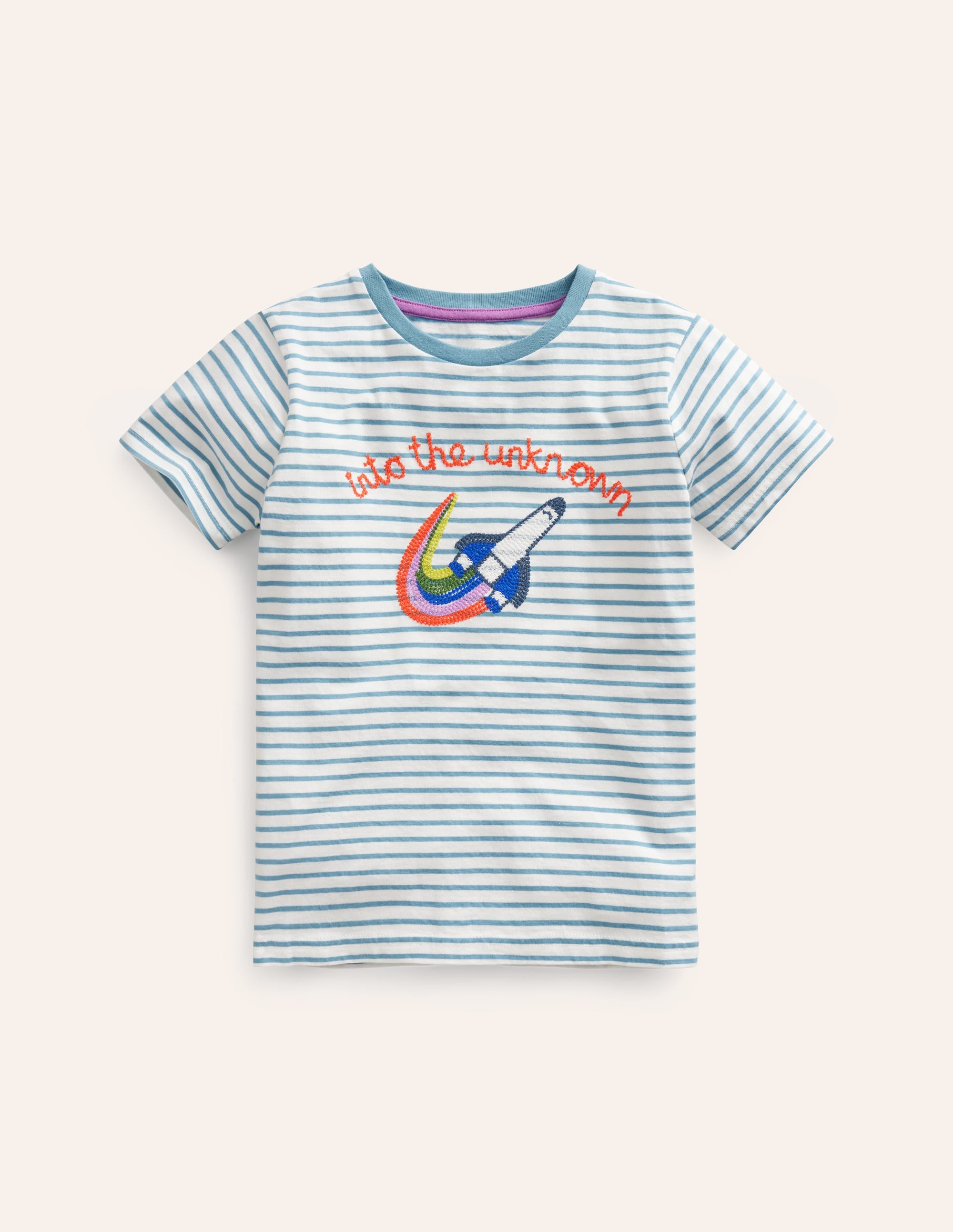 T-Shirt mit aufgestickter Grafik-Saphirblau/Naturweiß Rakete - Image 1