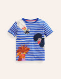 Texturiertes T-Shirt mit Applikationen-Tiefblau/Naturweiß Hühner